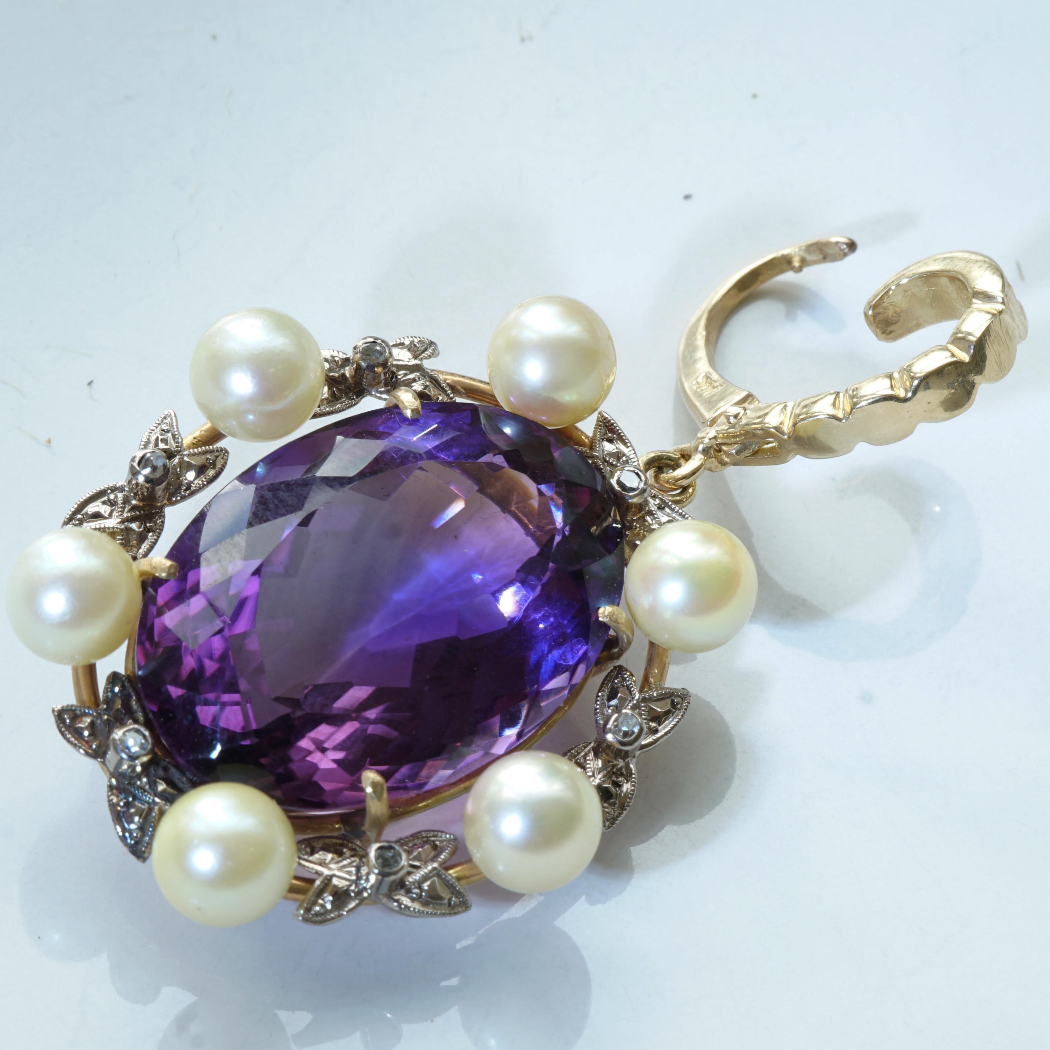 Akoya Pearl Amethyst Pendant 14 Grams Yellow Gold Great Vintage Jewelry 25 Ct For Sale 1