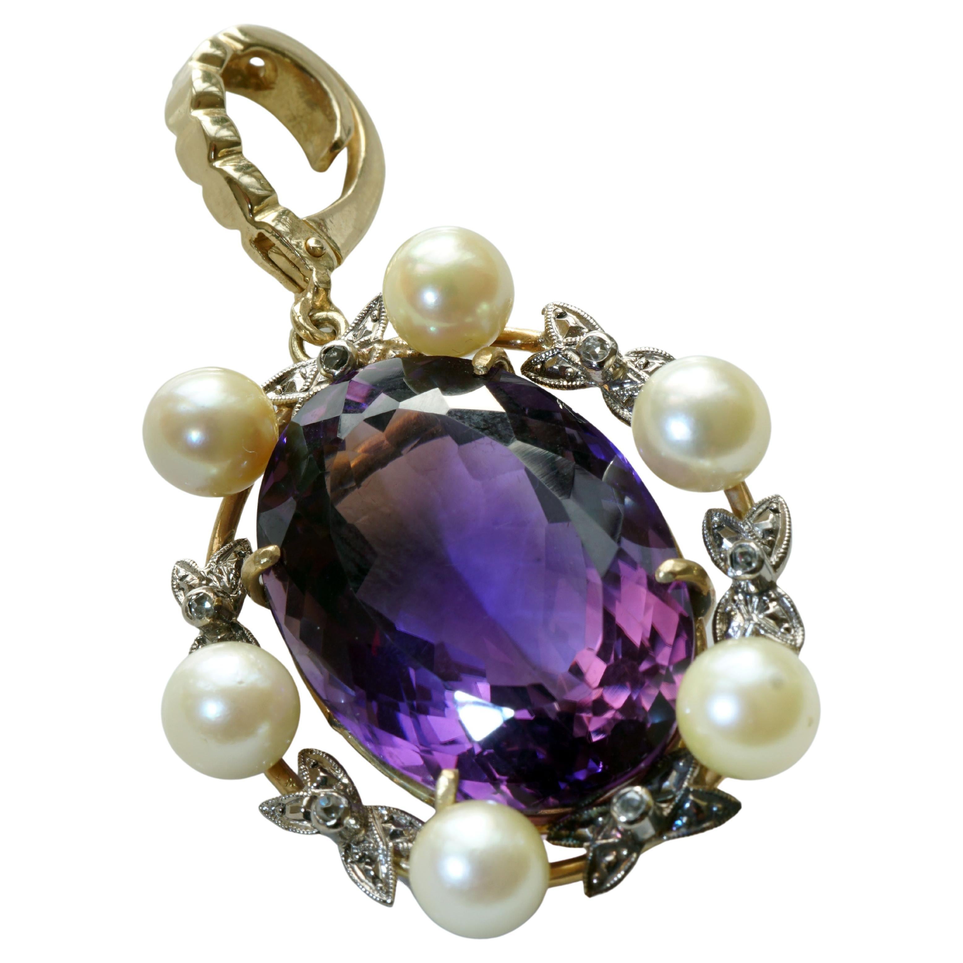Akoya Pearl Amethyst Pendant 14 Grams Yellow Gold Great Vintage Jewelry 25 Ct For Sale