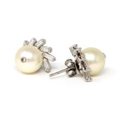 Akoya Pearl and Baguette Diamond Stud Earrings, Ca 1950