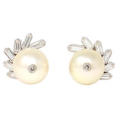 baguette pearl diamond earrings Akoya Pearl and Baguette Diamond Stud Earrings, Ca 1950