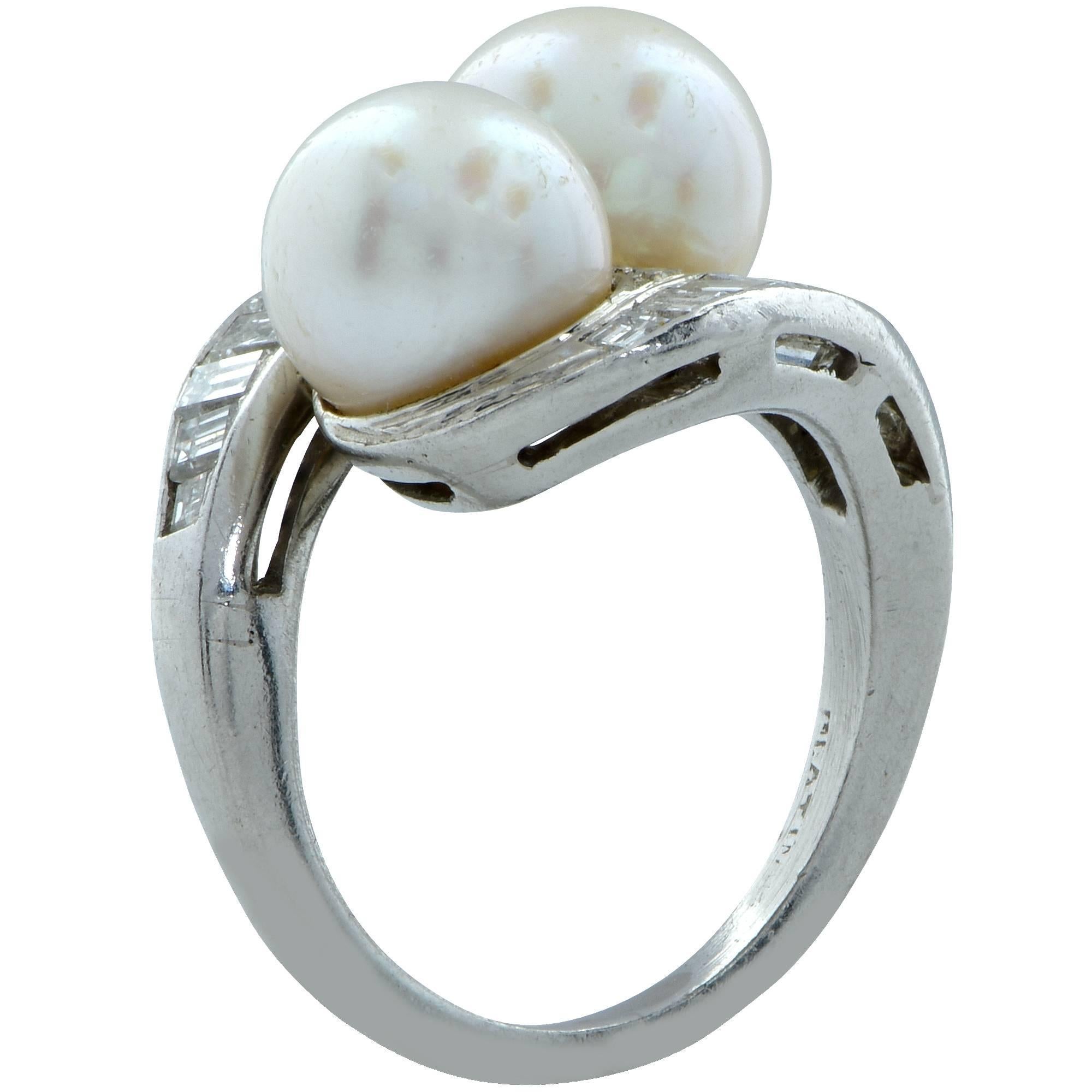 Modern Akoya Pearl and Diamond Bypass Platinum Ring