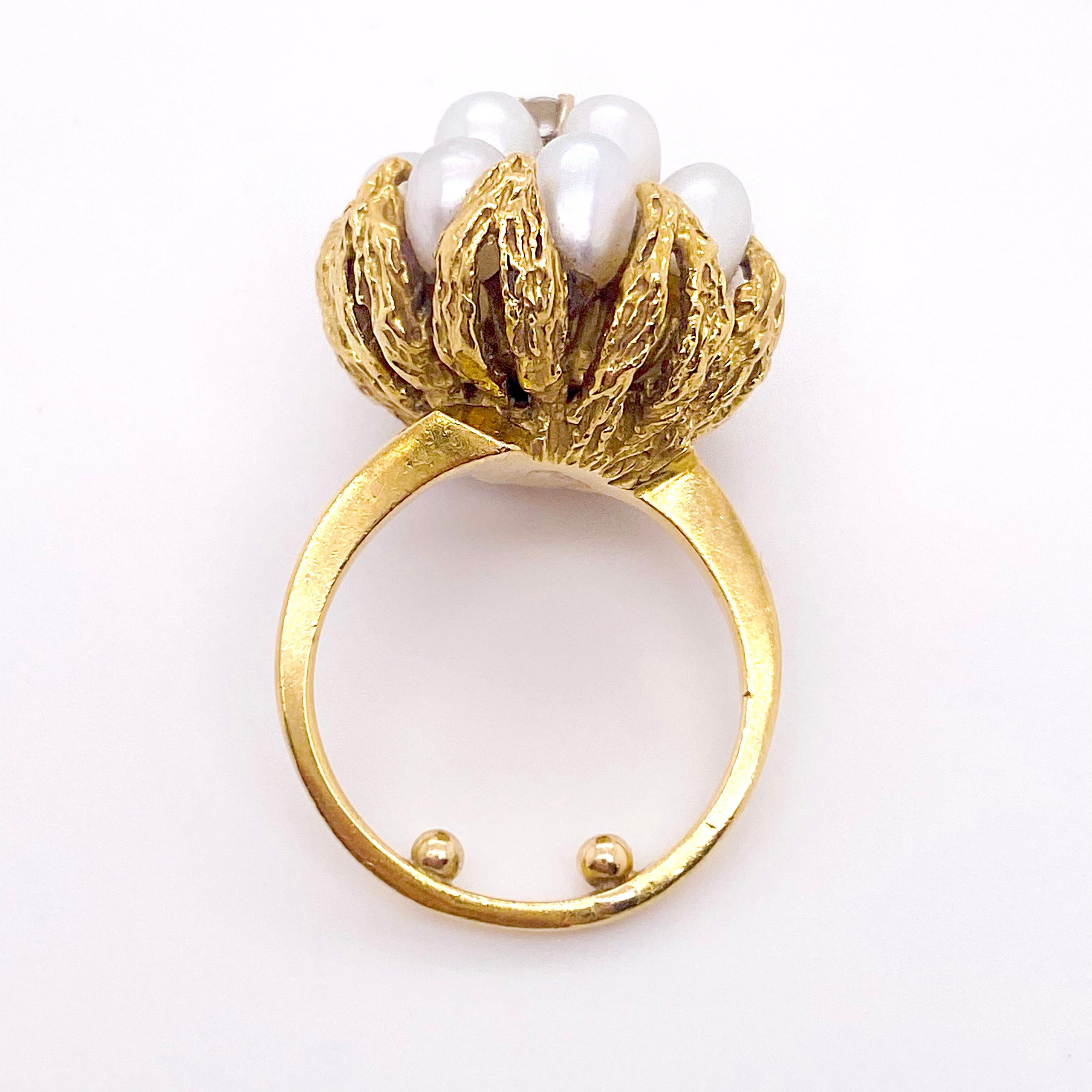 Artisan Akoya Pearl and Diamond Cluster Ring 18K Yellow Gold For Sale