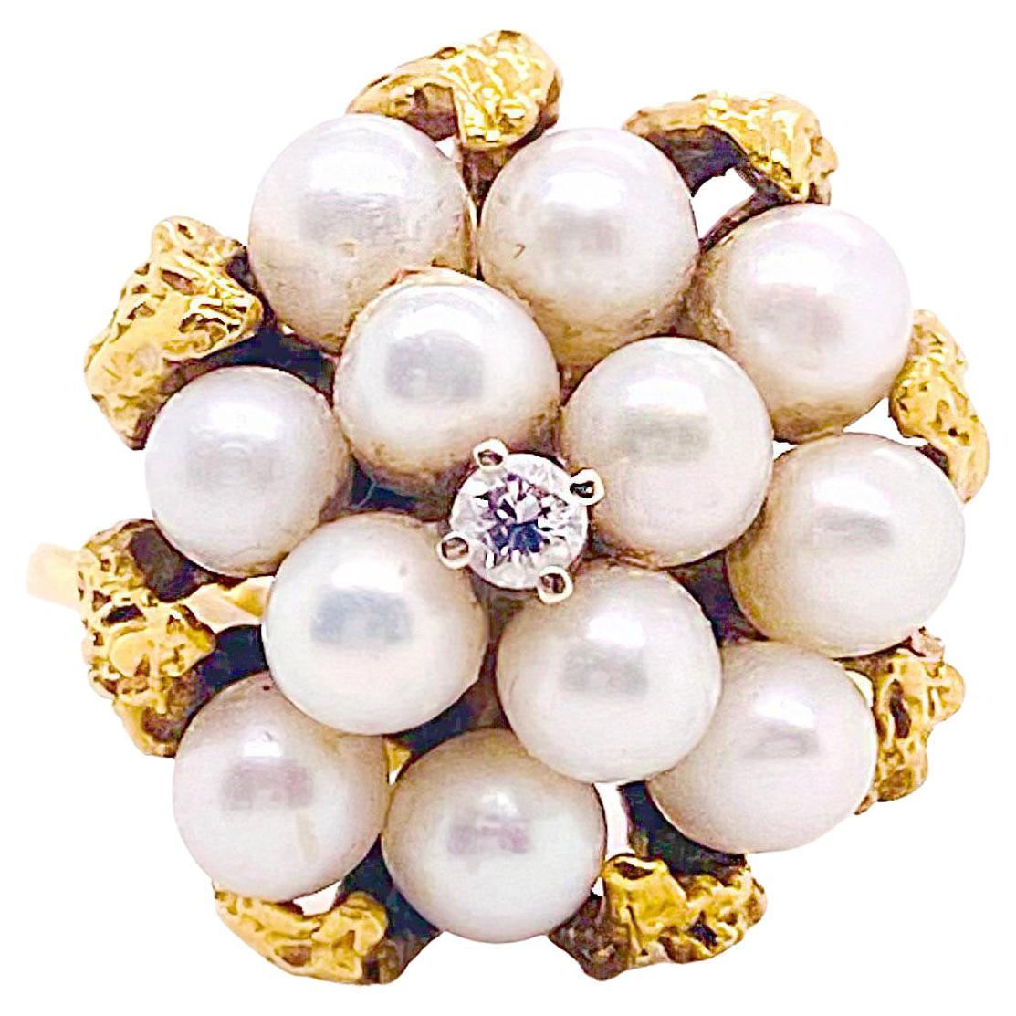 Akoya Pearl and Diamond Cluster Ring 18K Yellow Gold For Sale