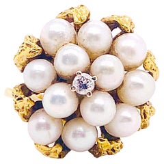 Akoya Pearl and Diamond Cluster Ring 18K Yellow Gold