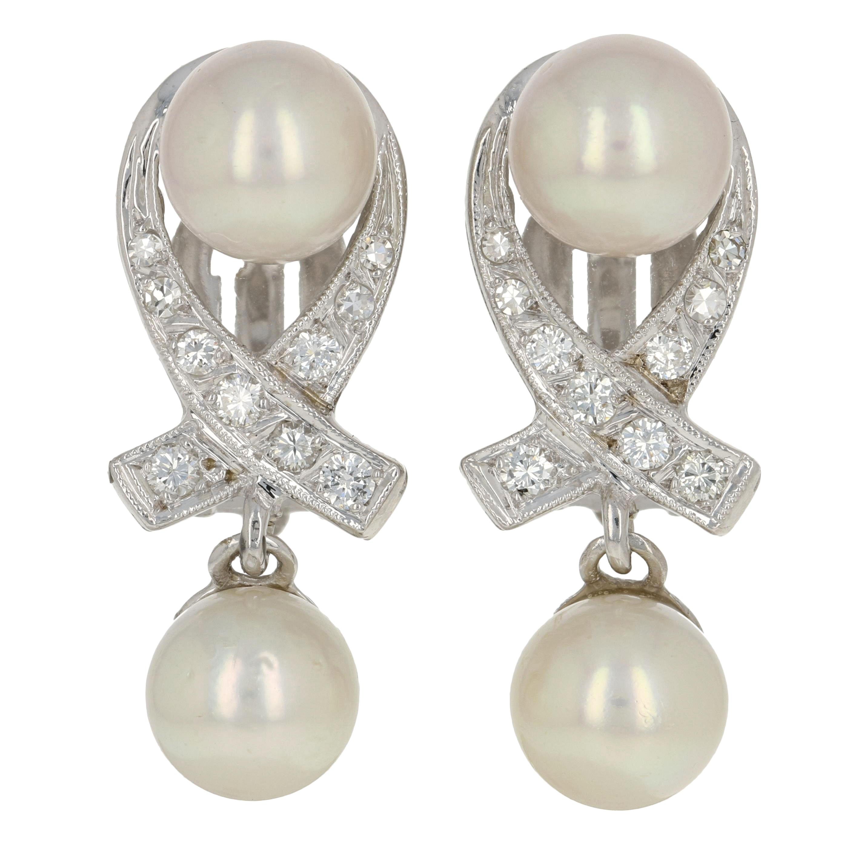Akoya Pearl and Diamond Earrings, 14 Karat Gold Milgrain Ribbon Pierced