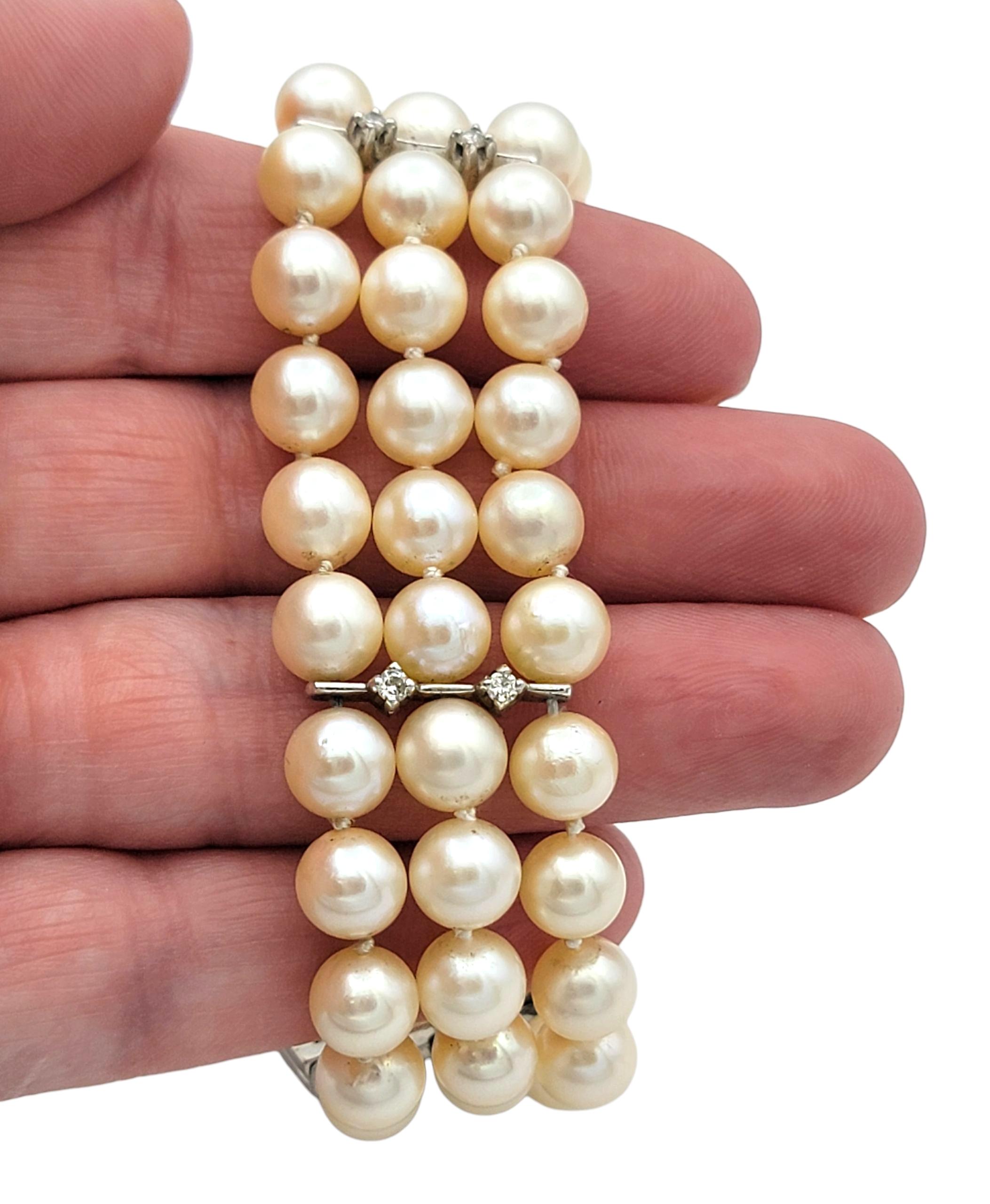 Akoya Pearl and Diamond Multi Row Strand Bracelet in 14 Karat White Gold For Sale 4
