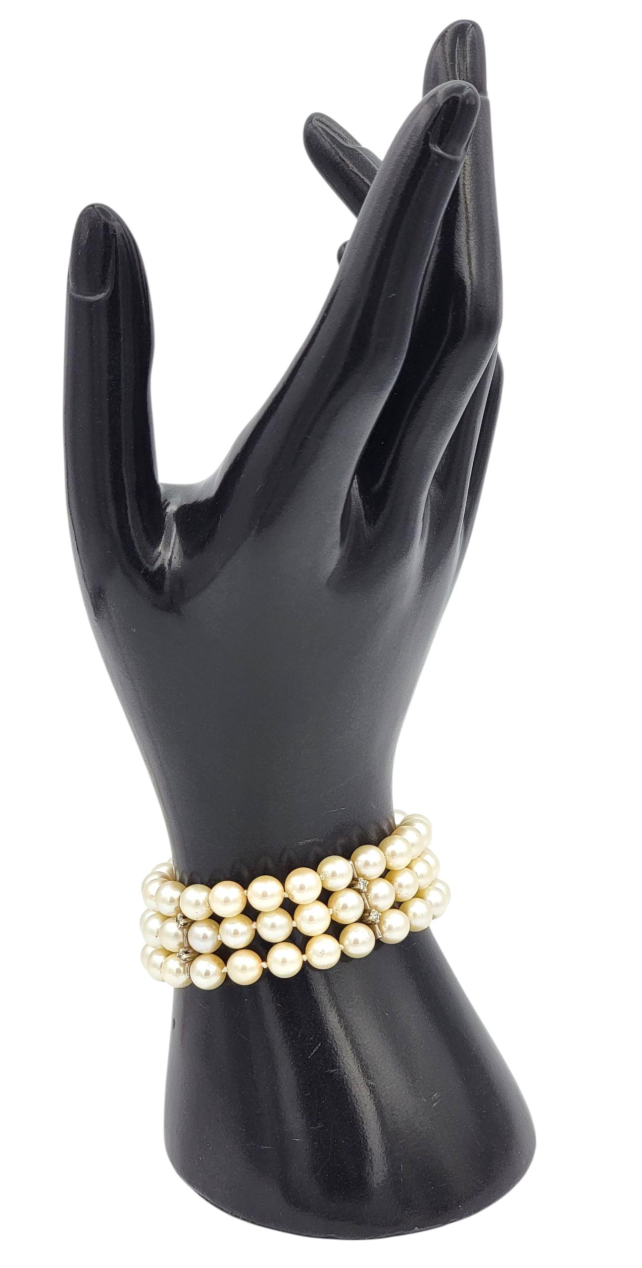 Akoya Pearl and Diamond Multi Row Strand Bracelet in 14 Karat White Gold For Sale 5