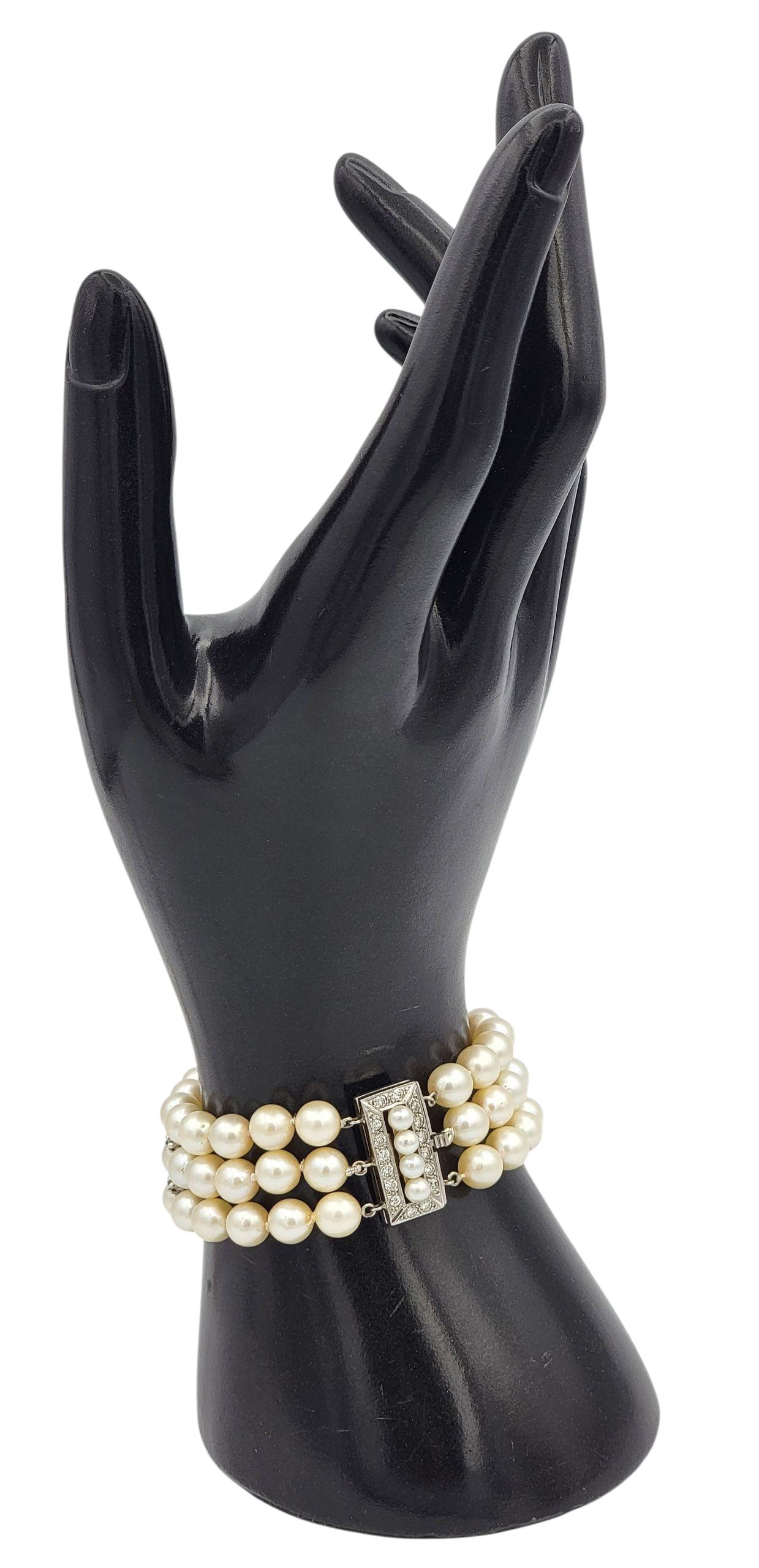 Akoya Pearl and Diamond Multi Row Strand Bracelet in 14 Karat White Gold For Sale 6