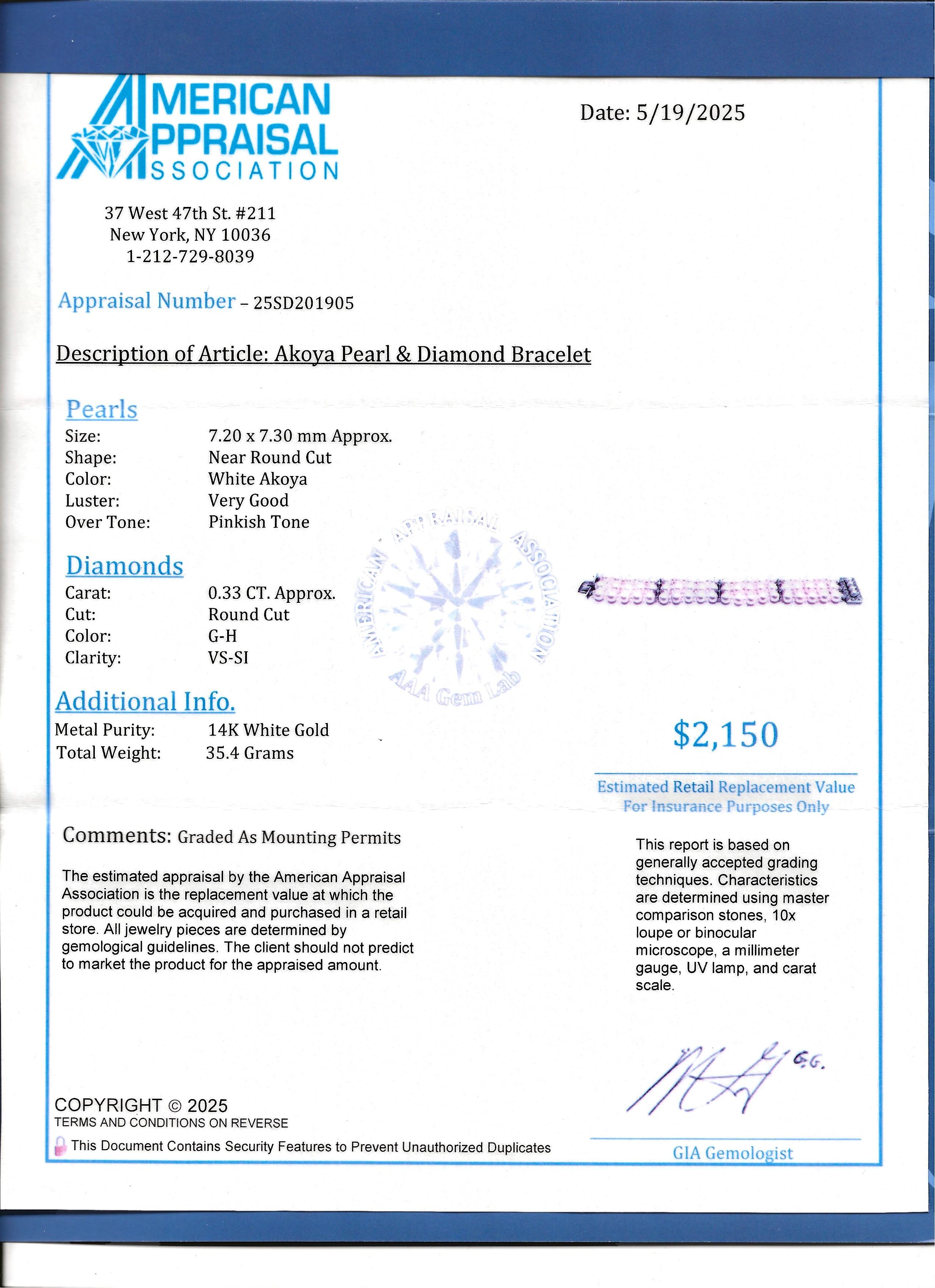 Akoya Pearl and Diamond Multi Row Strand Bracelet in 14 Karat White Gold For Sale 7