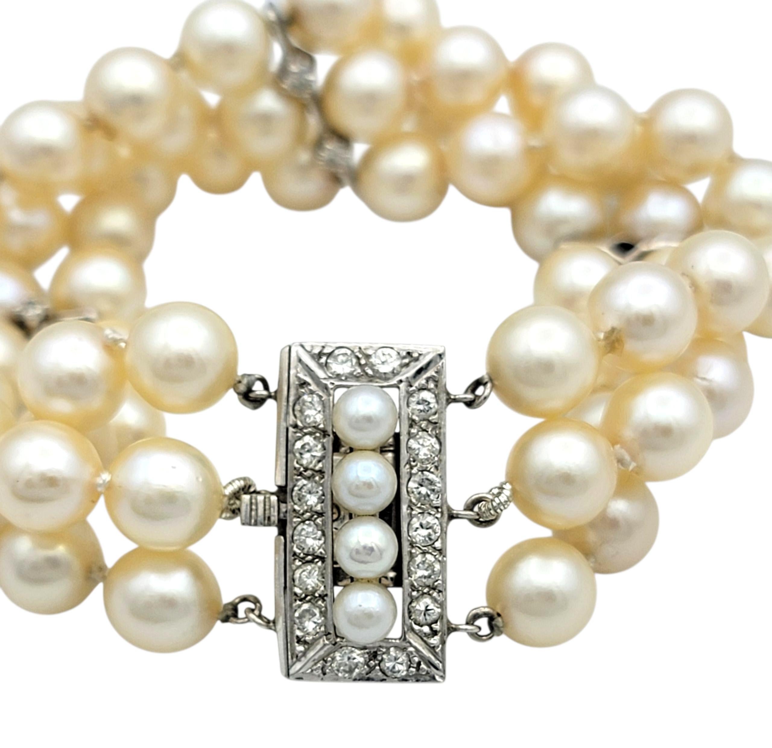 Contemporary Akoya Pearl and Diamond Multi Row Strand Bracelet in 14 Karat White Gold For Sale