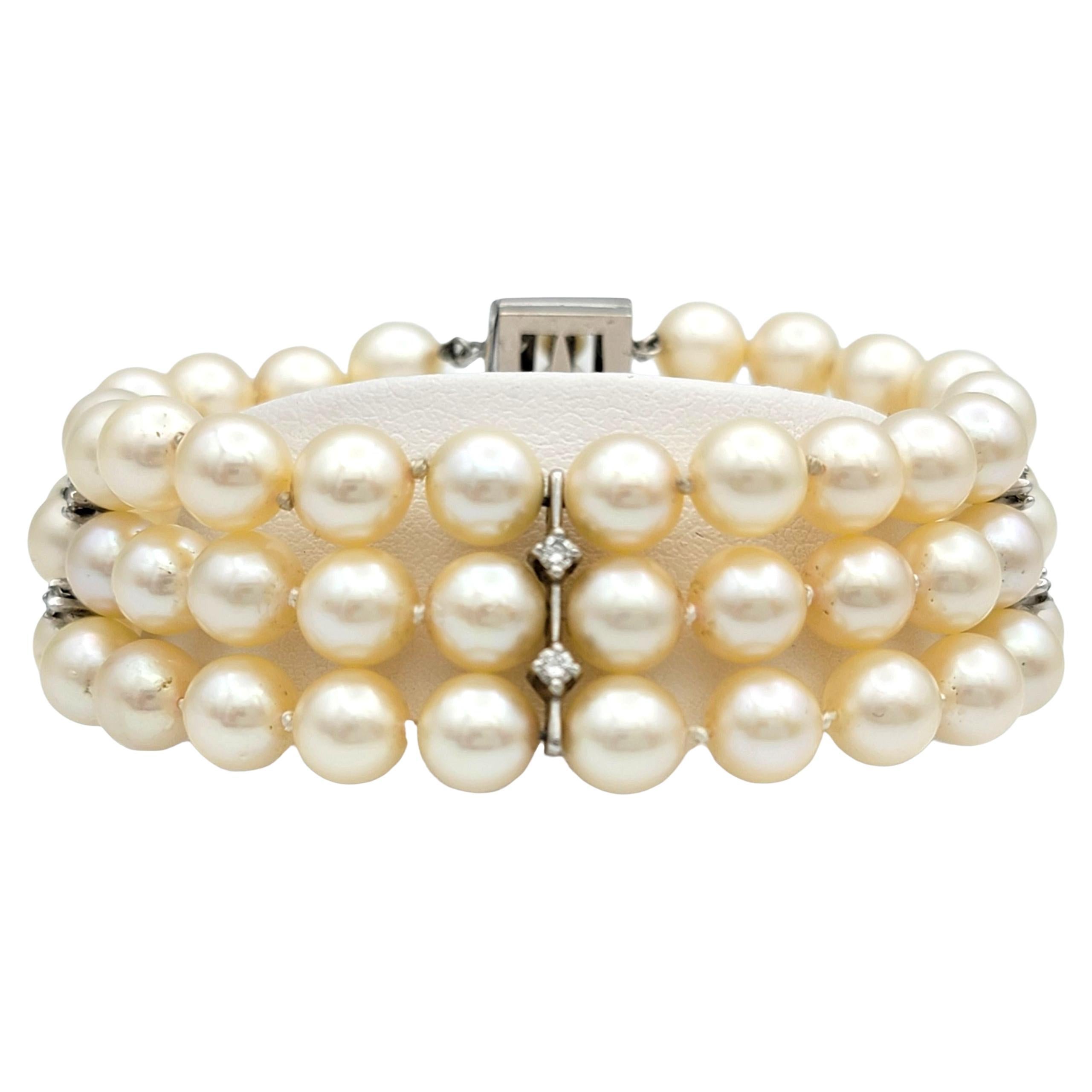 Round Cut Akoya Pearl and Diamond Multi Row Strand Bracelet in 14 Karat White Gold For Sale