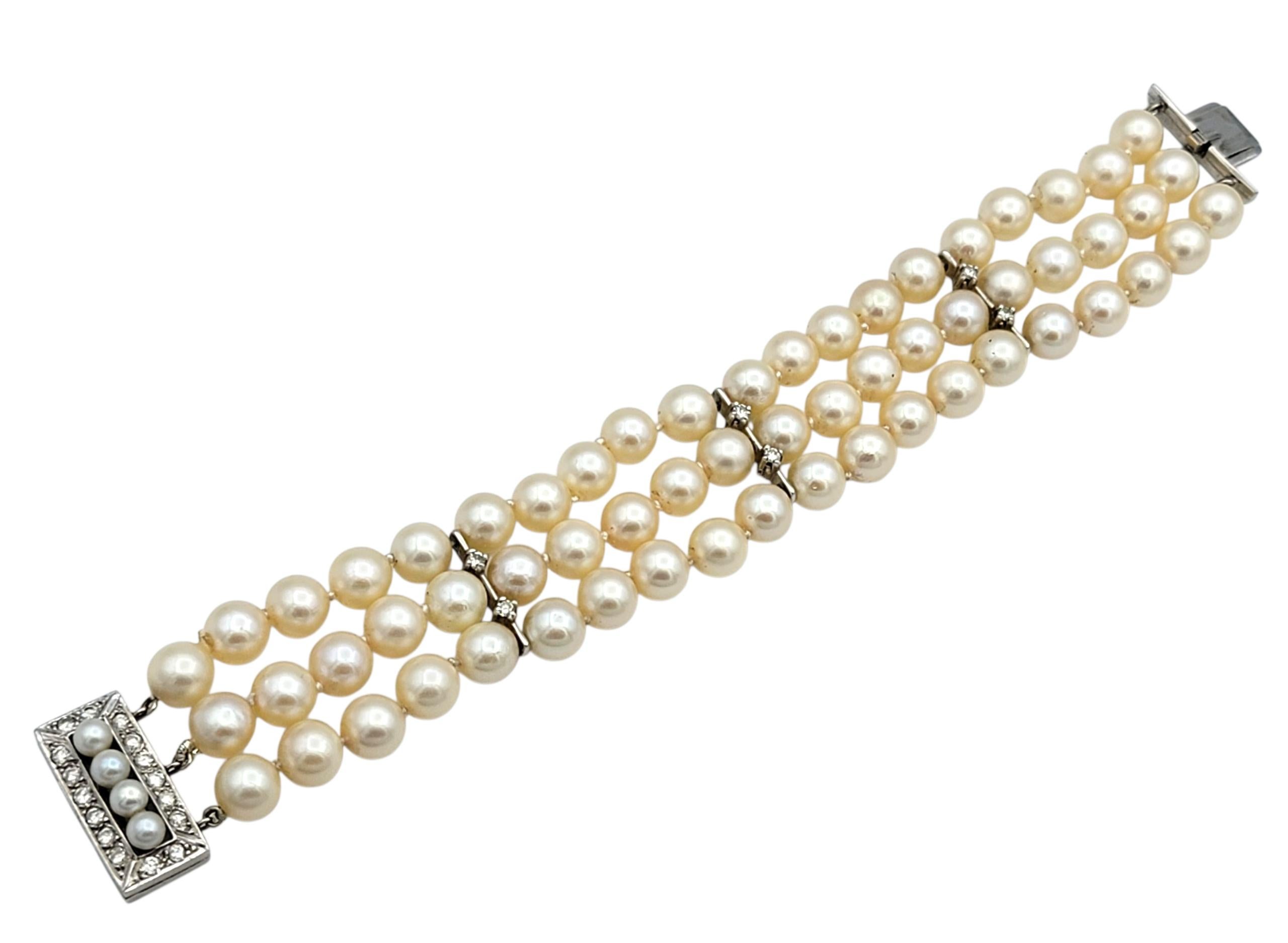 Akoya Pearl and Diamond Multi Row Strand Bracelet in 14 Karat White Gold In Good Condition For Sale In Scottsdale, AZ