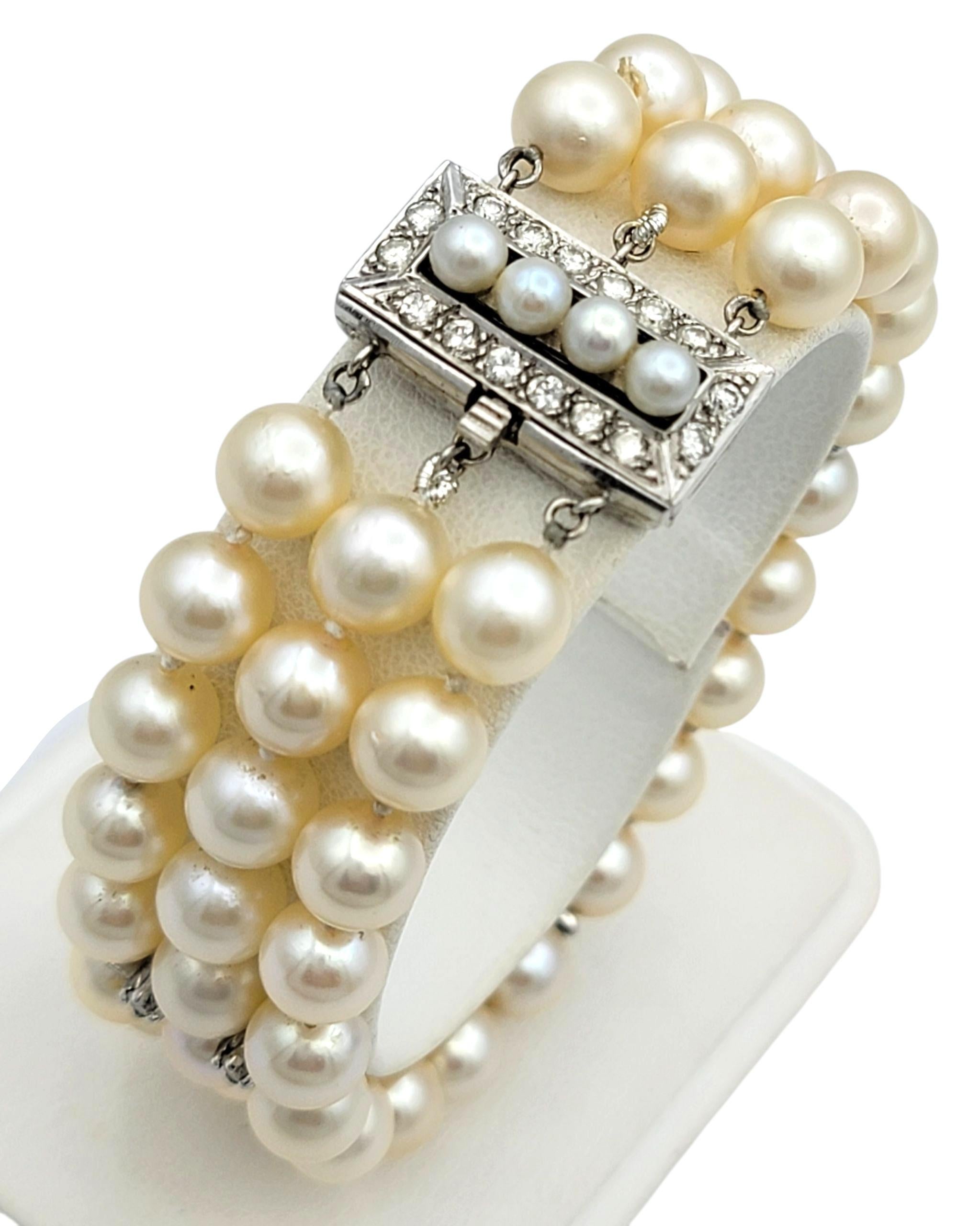 Women's Akoya Pearl and Diamond Multi Row Strand Bracelet in 14 Karat White Gold For Sale