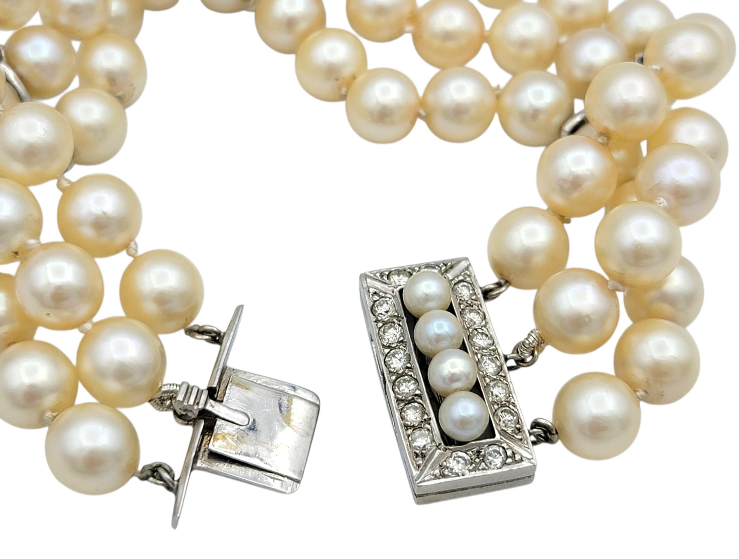 Akoya Pearl and Diamond Multi Row Strand Bracelet in 14 Karat White Gold For Sale 1