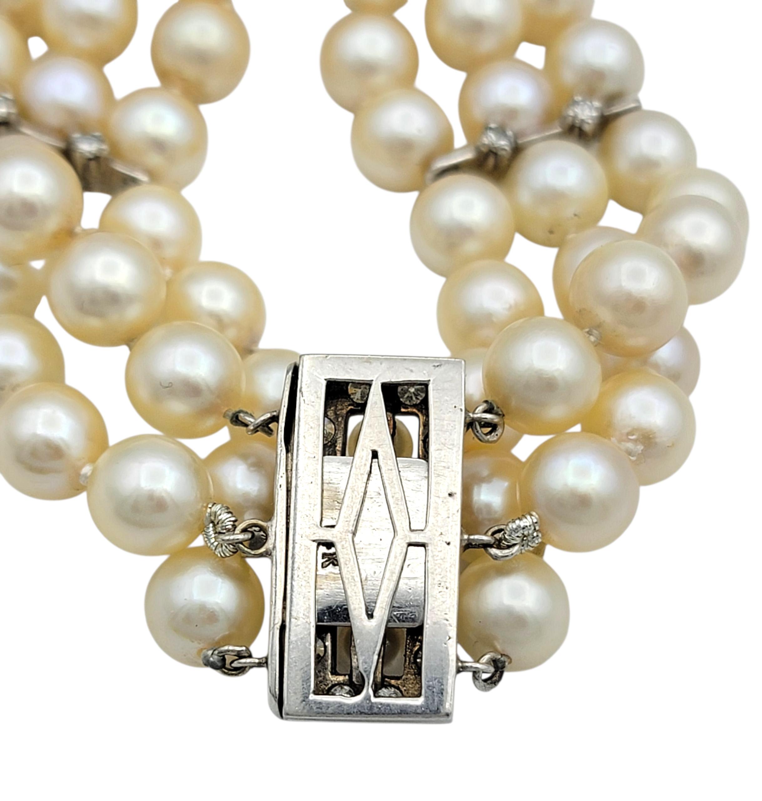 Akoya Pearl and Diamond Multi Row Strand Bracelet in 14 Karat White Gold For Sale 2