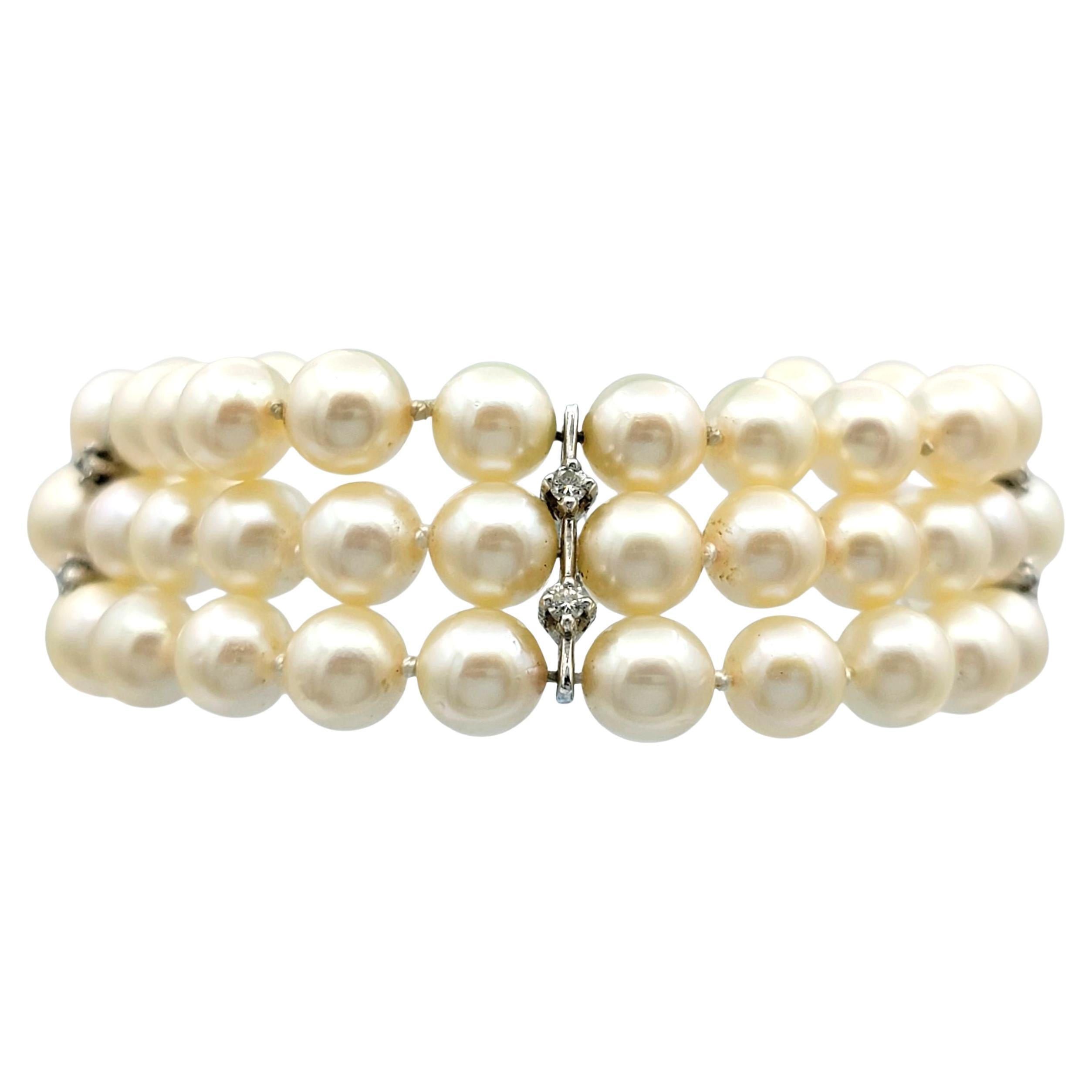 Akoya Pearl and Diamond Multi Row Strand Bracelet in 14 Karat White Gold For Sale