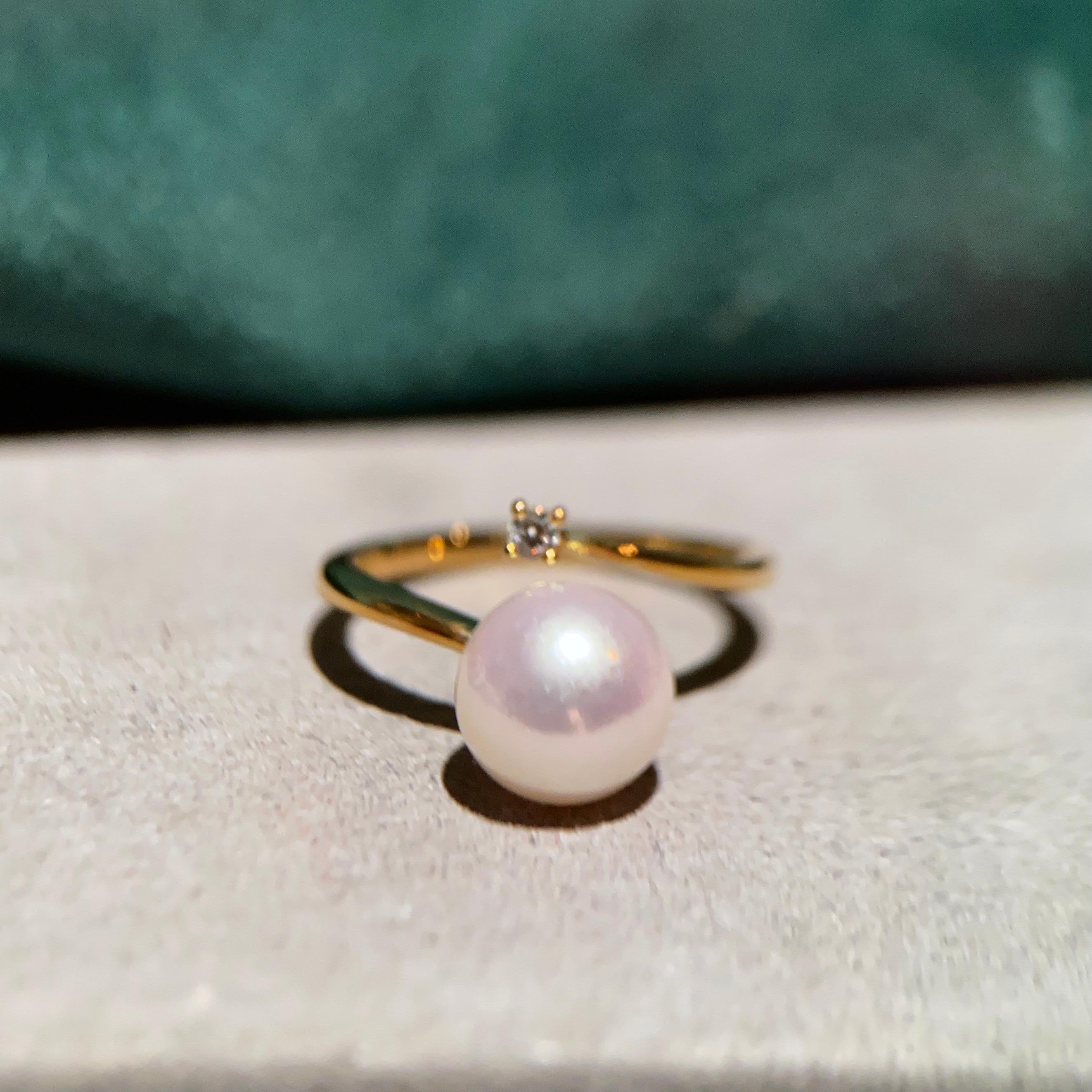 Contemporary Eostre Akoya Pearl and Diamond Yellow Gold Ring  For Sale
