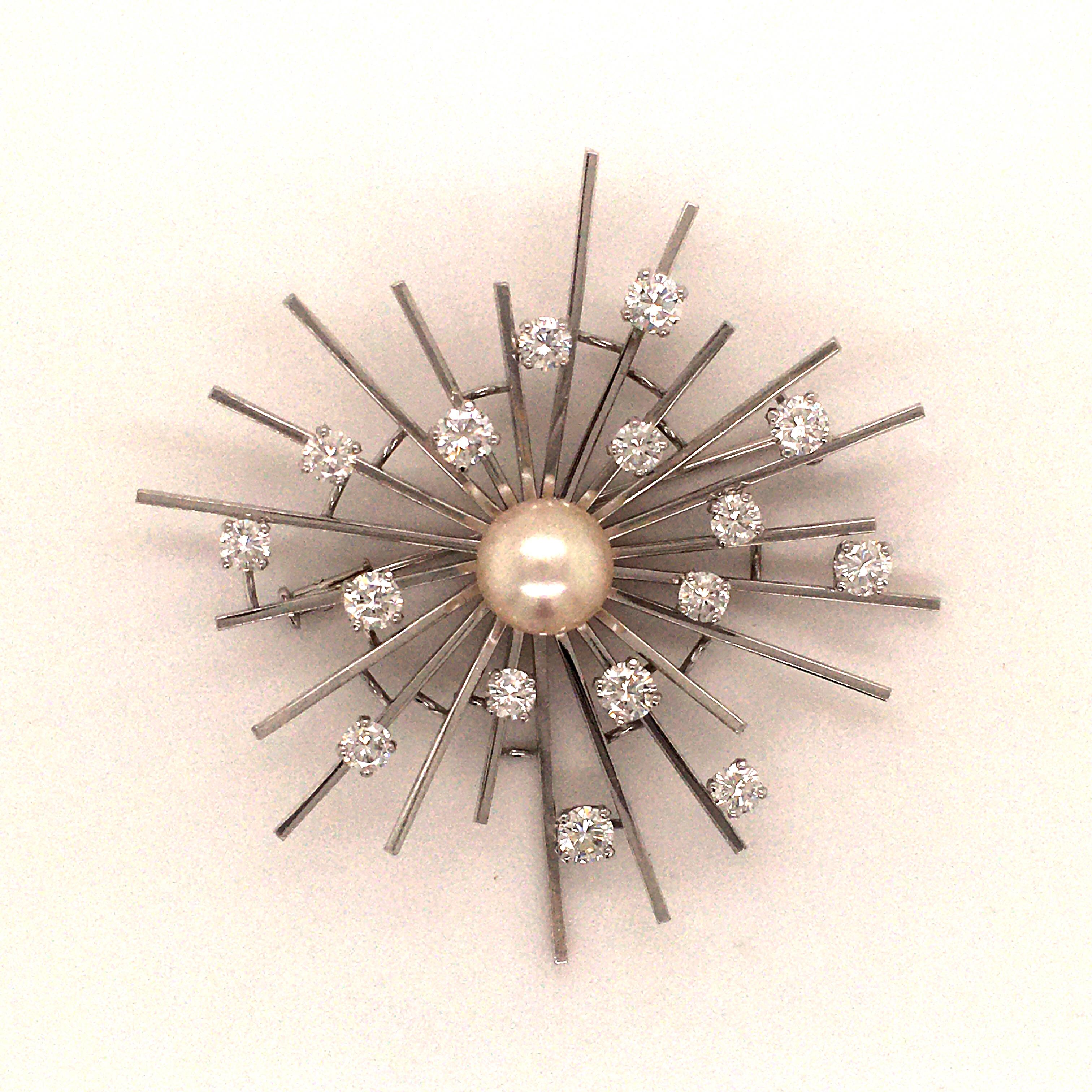 Contemporary Akoya Pearl and Diamond White Gold Brooch For Sale