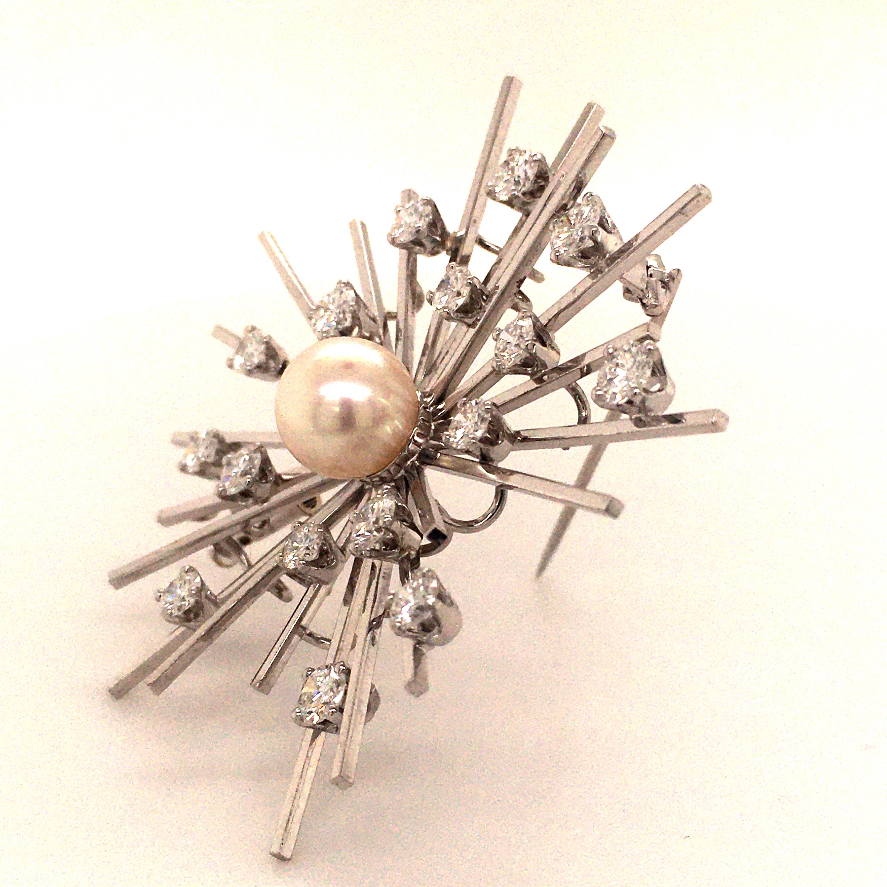 Round Cut Akoya Pearl and Diamond White Gold Brooch For Sale