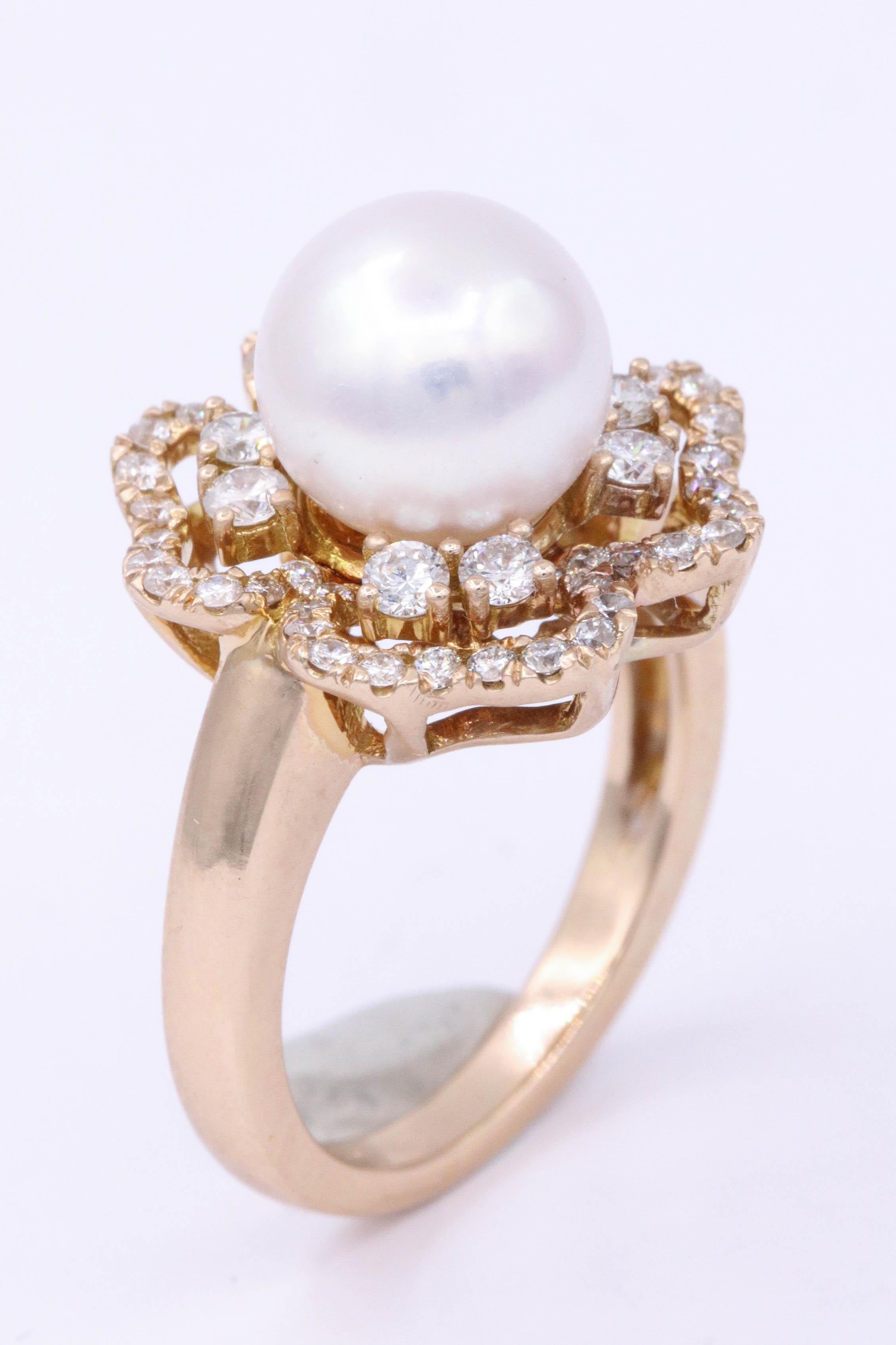 Round Cut Akoya Pearl and Diamonds Rose Gold Fashion Ring