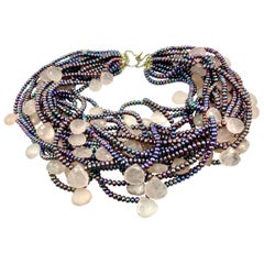 Akoya Pearl and Faceted Rose Quartz Multi-Strand Necklace, 14K White Gold Clasp