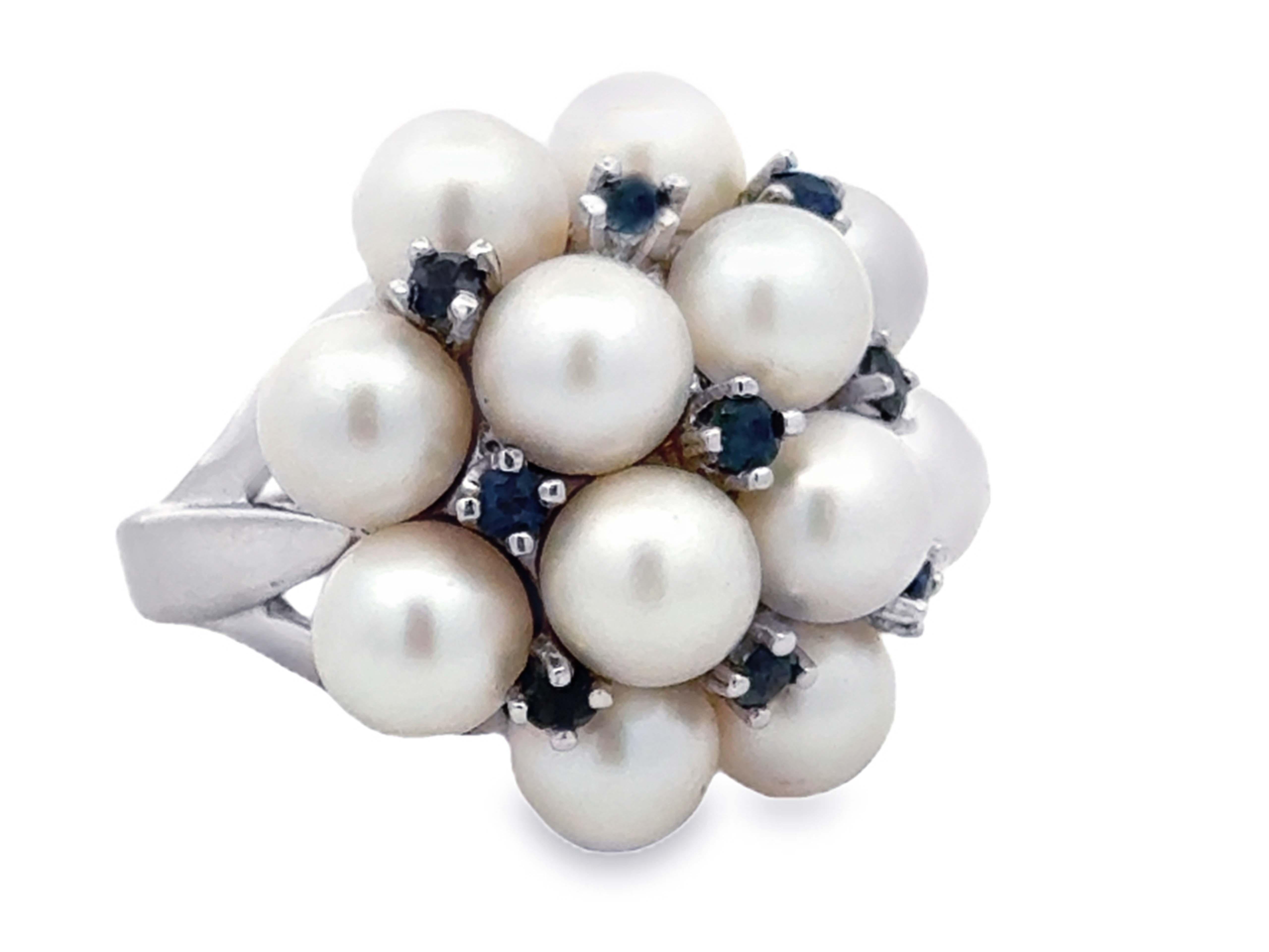 Modern Akoya Pearl and Sapphire Cluster Ring 14k White Gold For Sale