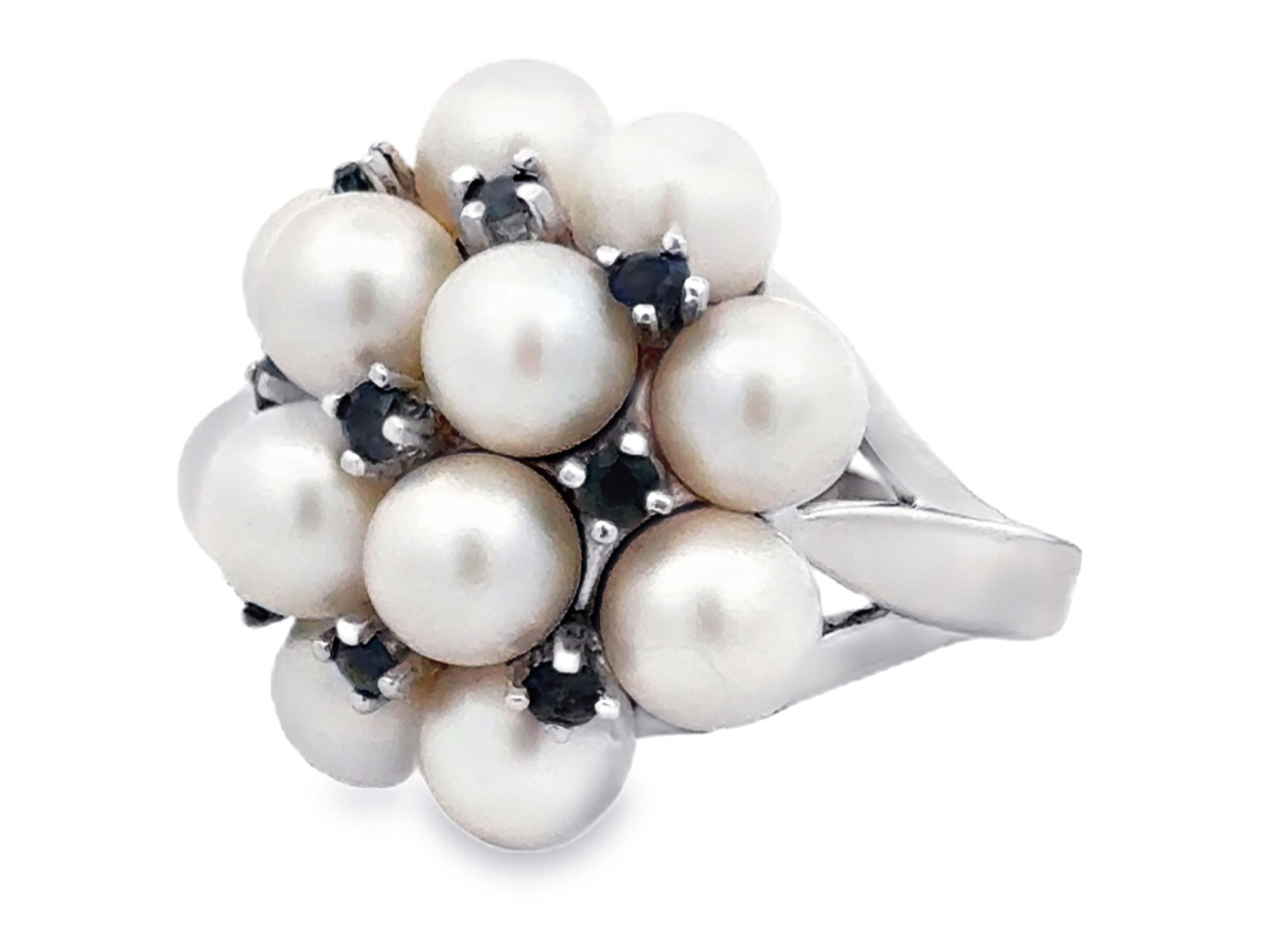 Round Cut Akoya Pearl and Sapphire Cluster Ring 14k White Gold For Sale