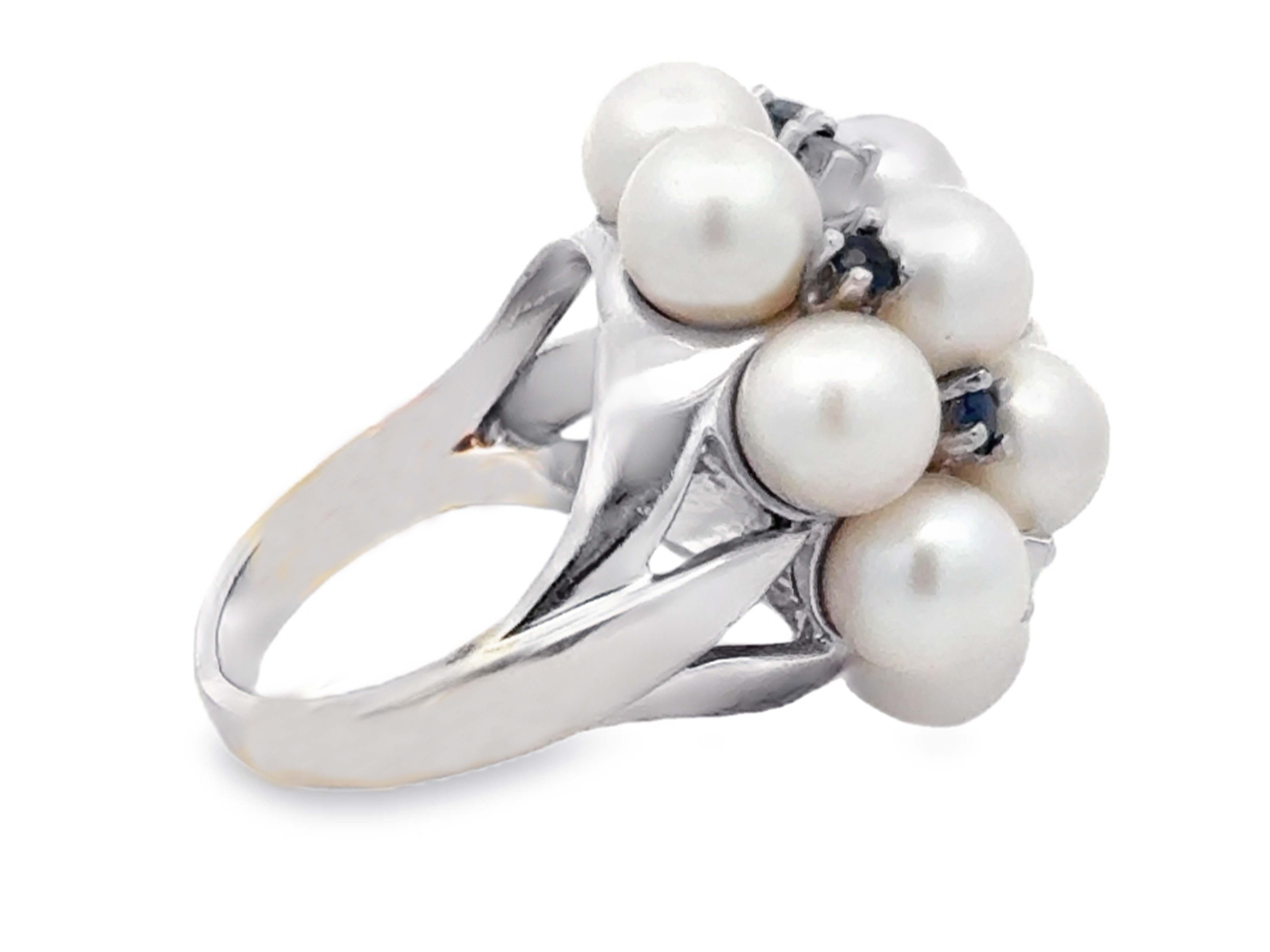 Akoya Pearl and Sapphire Cluster Ring 14k White Gold In Excellent Condition For Sale In Honolulu, HI