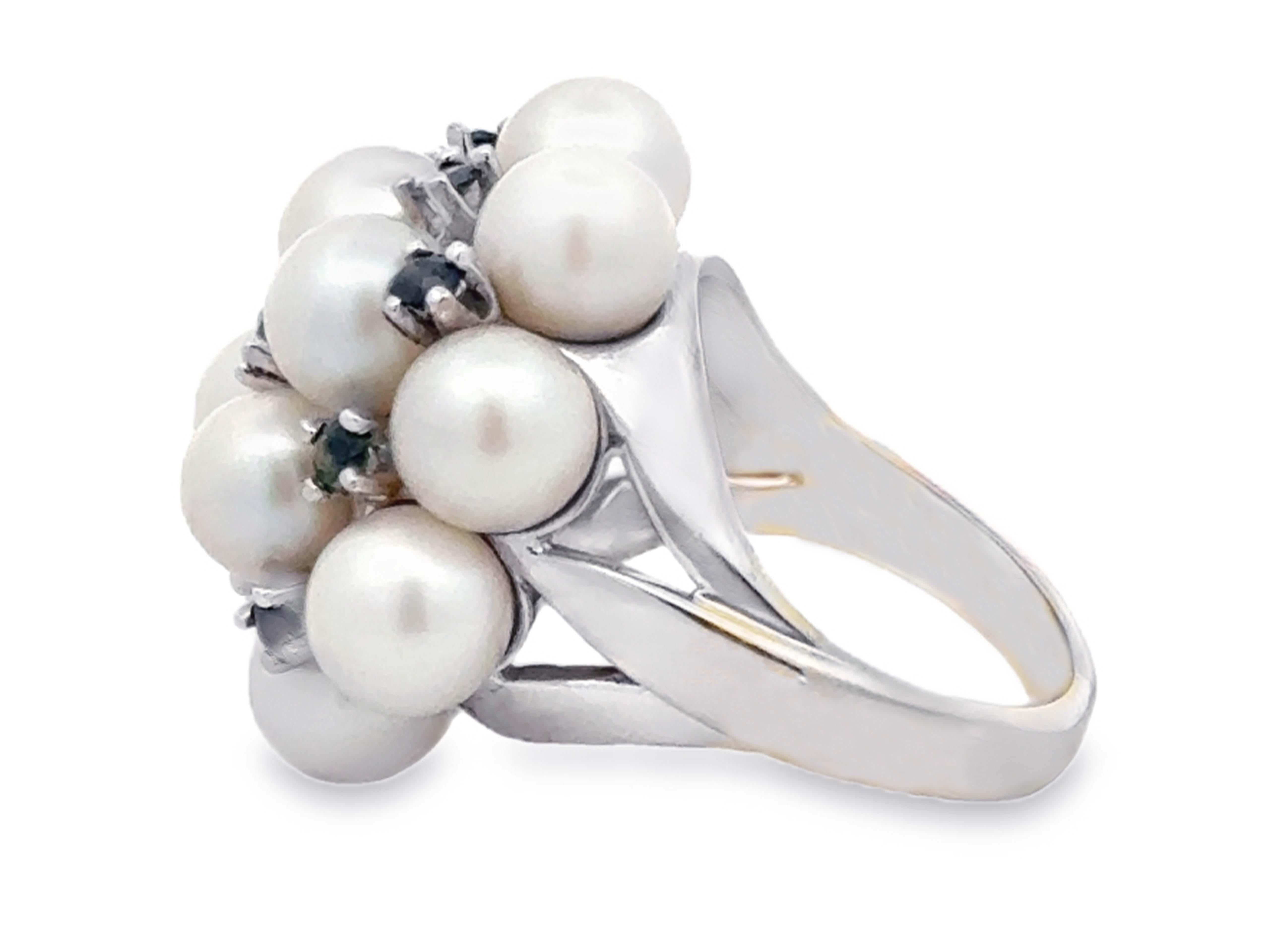 Women's Akoya Pearl and Sapphire Cluster Ring 14k White Gold For Sale