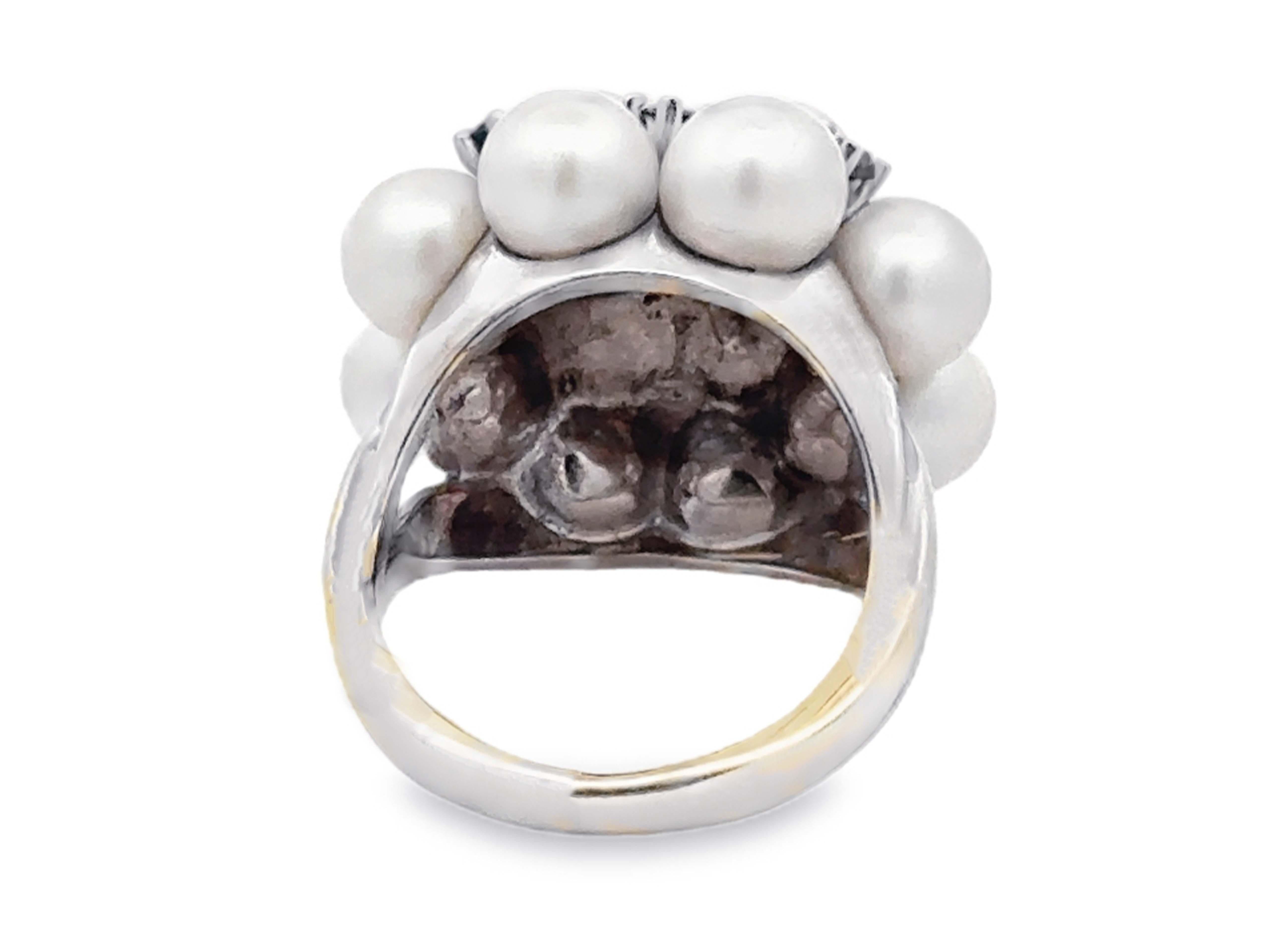 Akoya Pearl and Sapphire Cluster Ring 14k White Gold For Sale 1