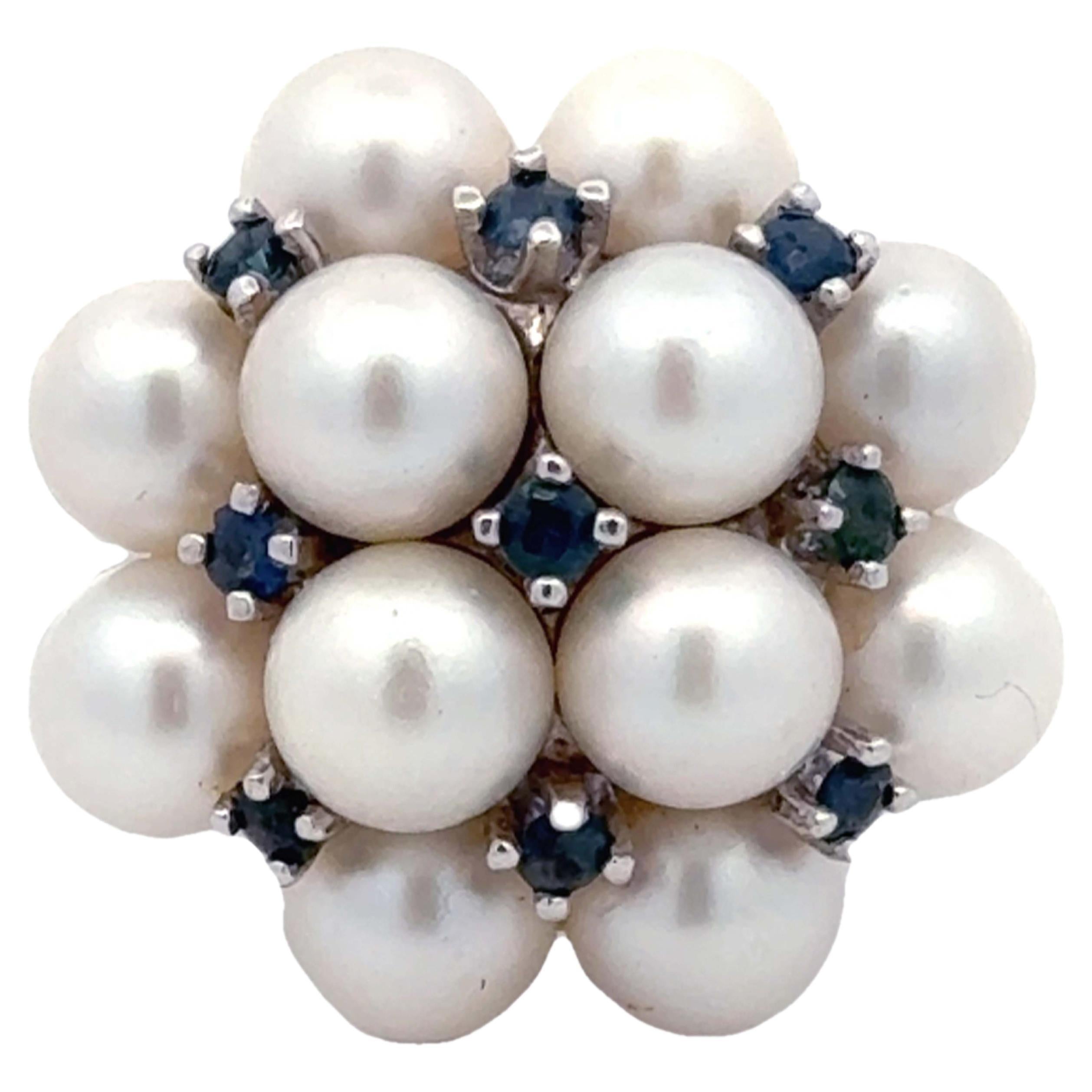 Akoya Pearl and Sapphire Cluster Ring 14k White Gold
