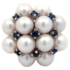 Akoya Pearl and Sapphire Cluster Ring 14k White Gold