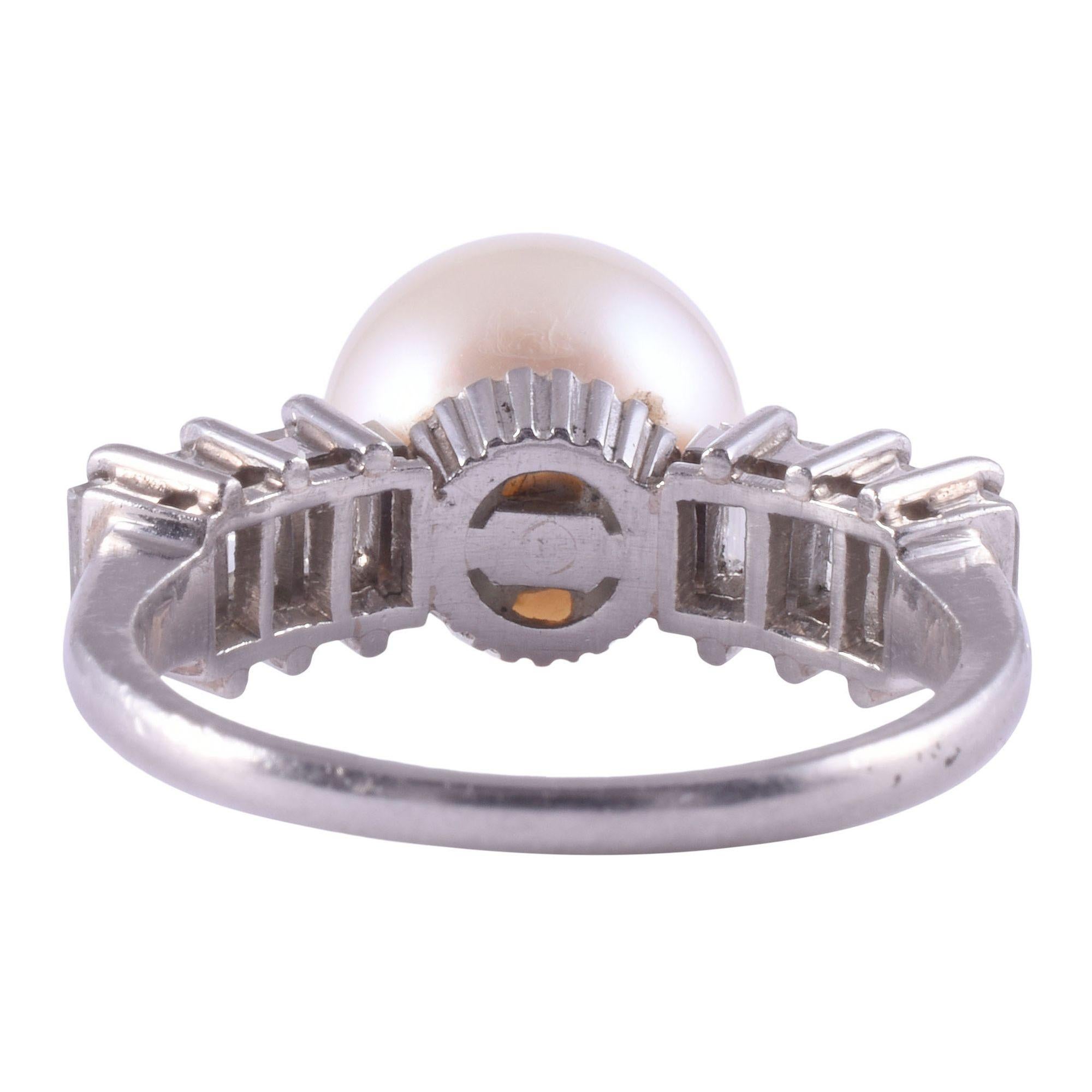 Women's Akoya Pearl & Baguette Diamond Platinum Ring For Sale