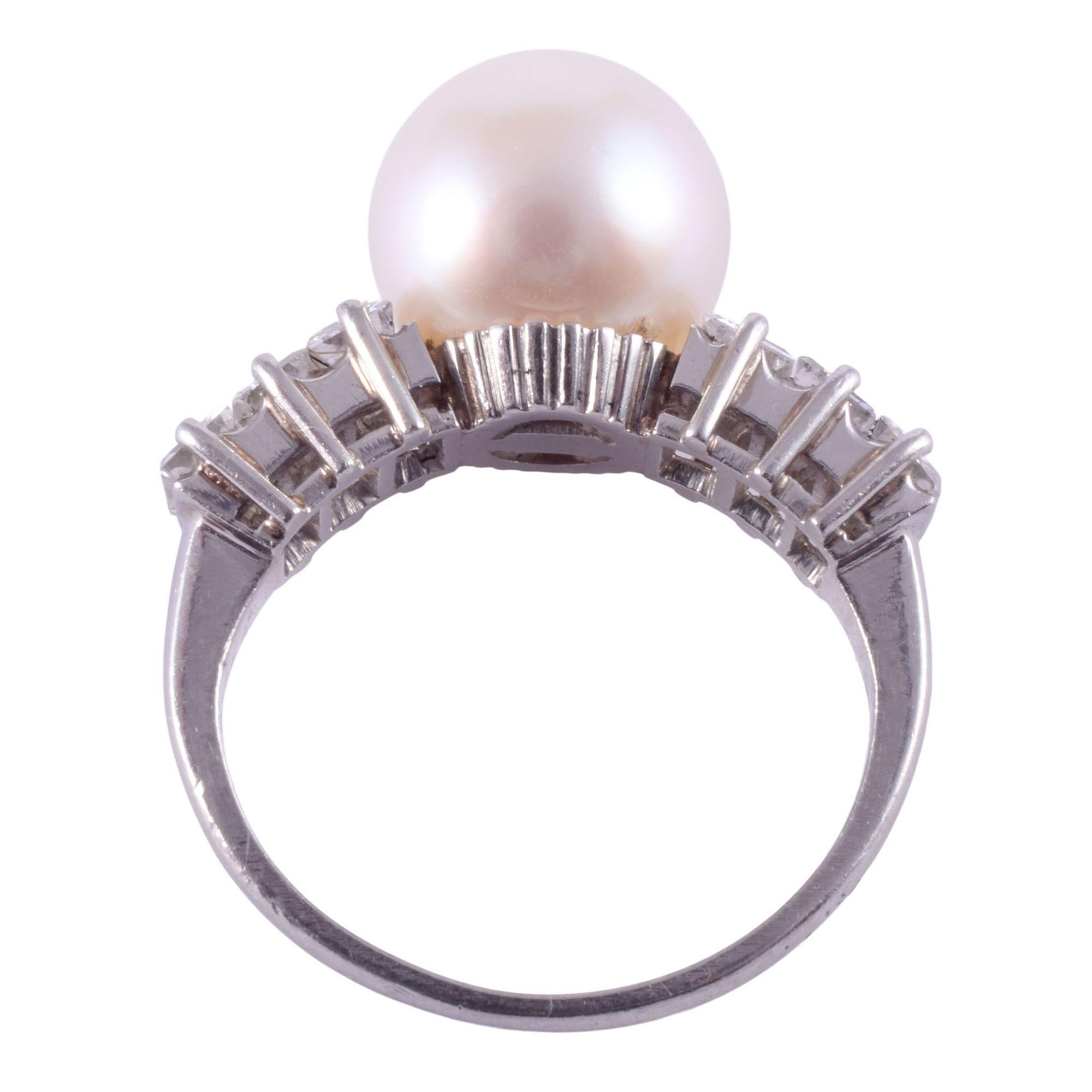 Akoya Pearl & Baguette Diamond Platinum Ring For Sale 1