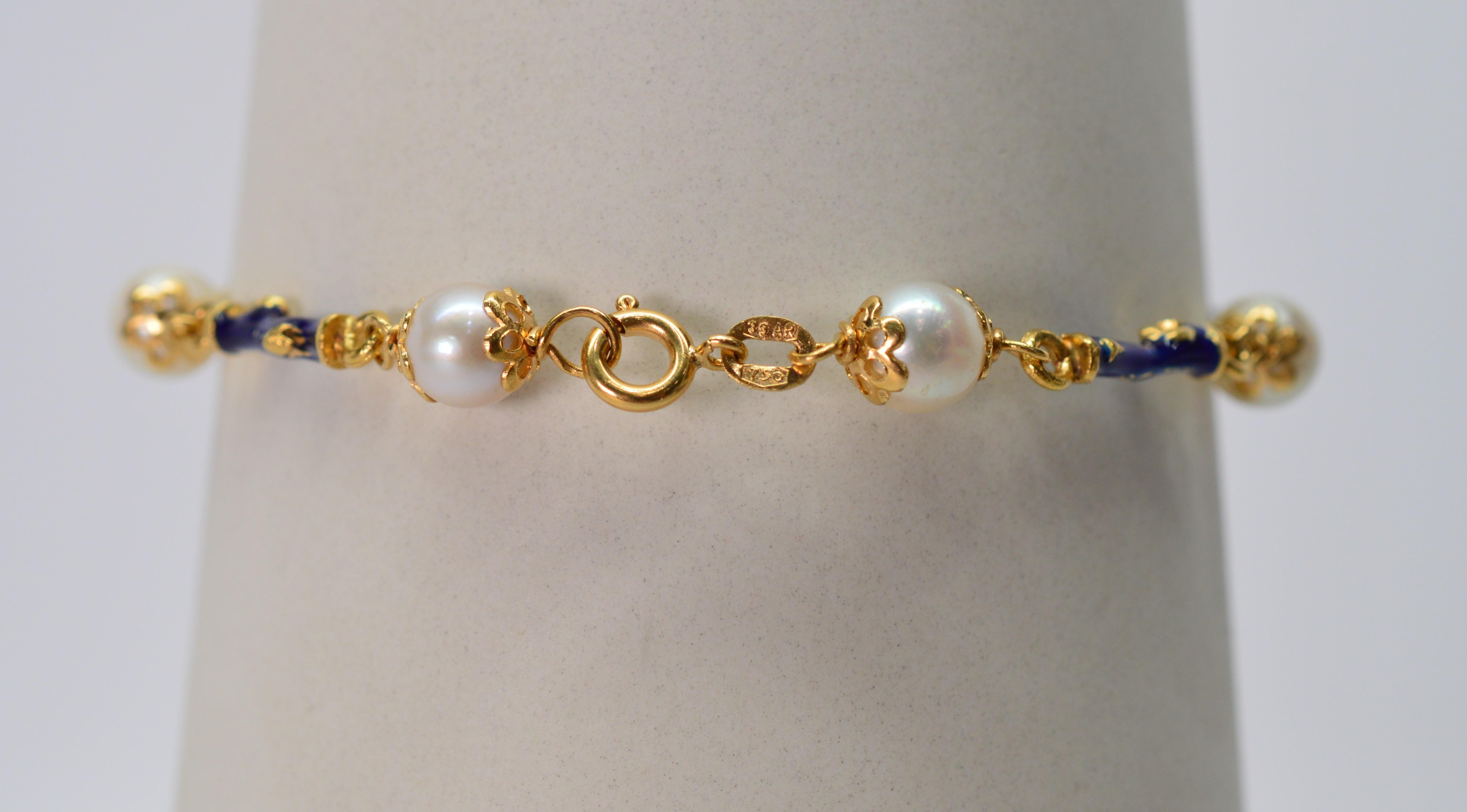 Akoya Pearl Blue Enamel Yellow Gold Link Bracelet 1