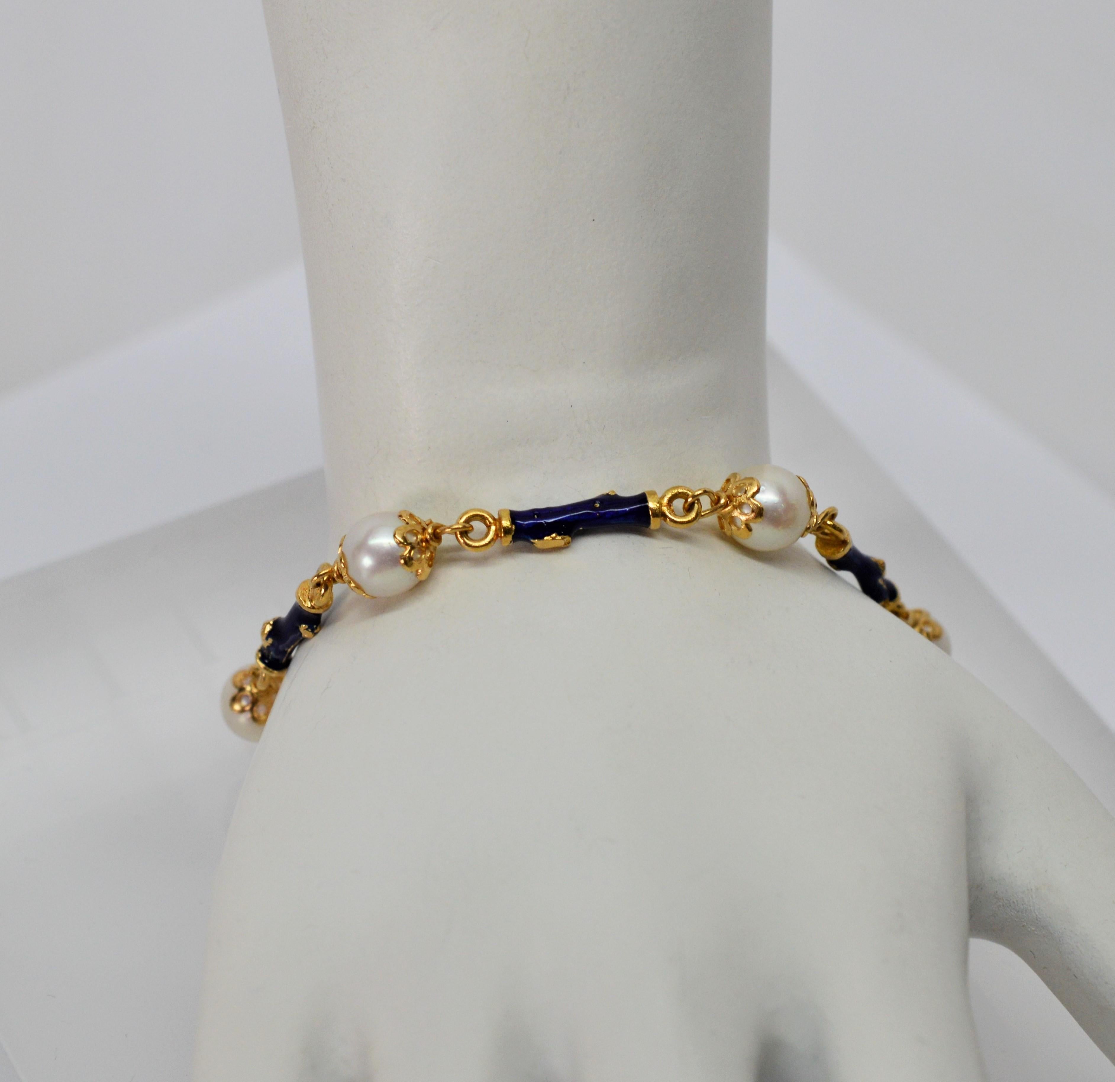 Akoya Pearl Blue Enamel Yellow Gold Link Bracelet 2