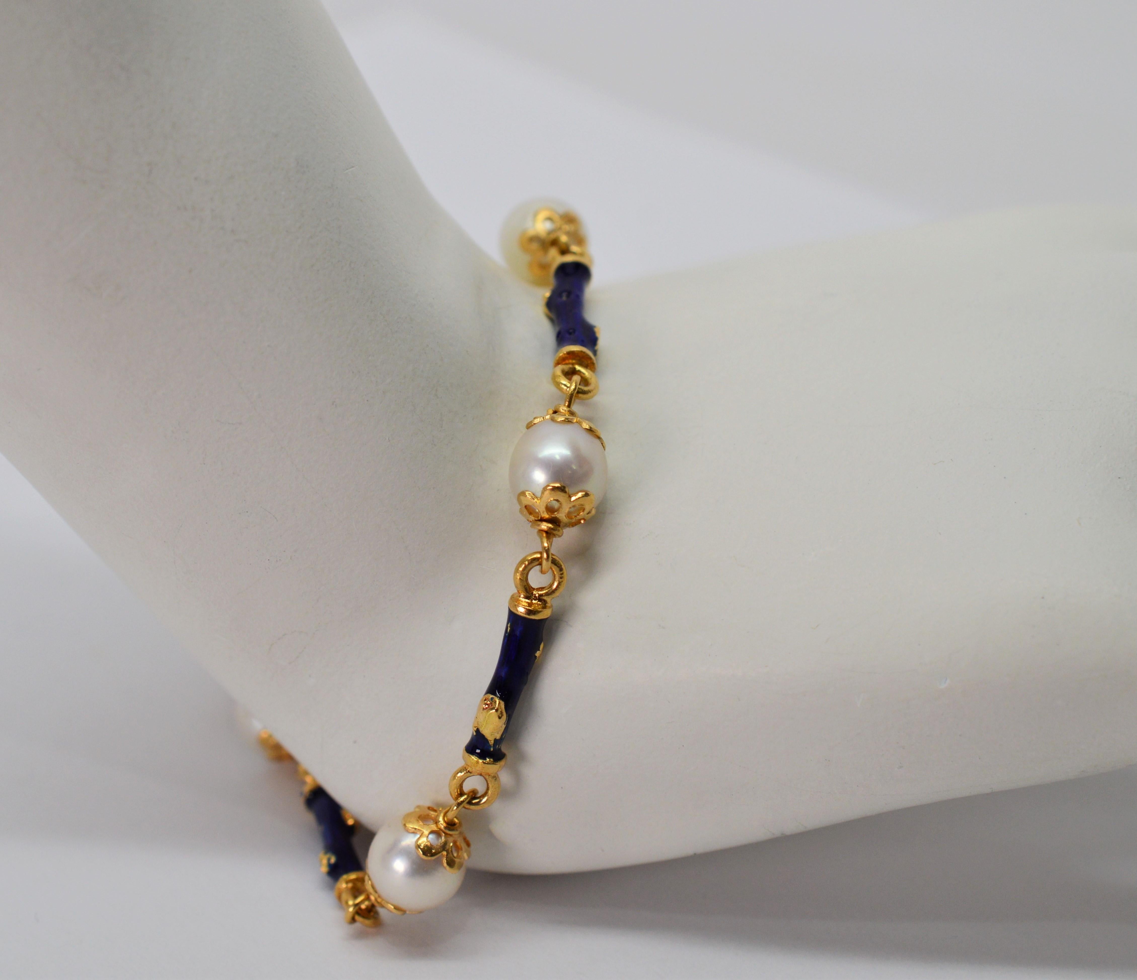 Akoya Pearl Blue Enamel Yellow Gold Link Bracelet 3