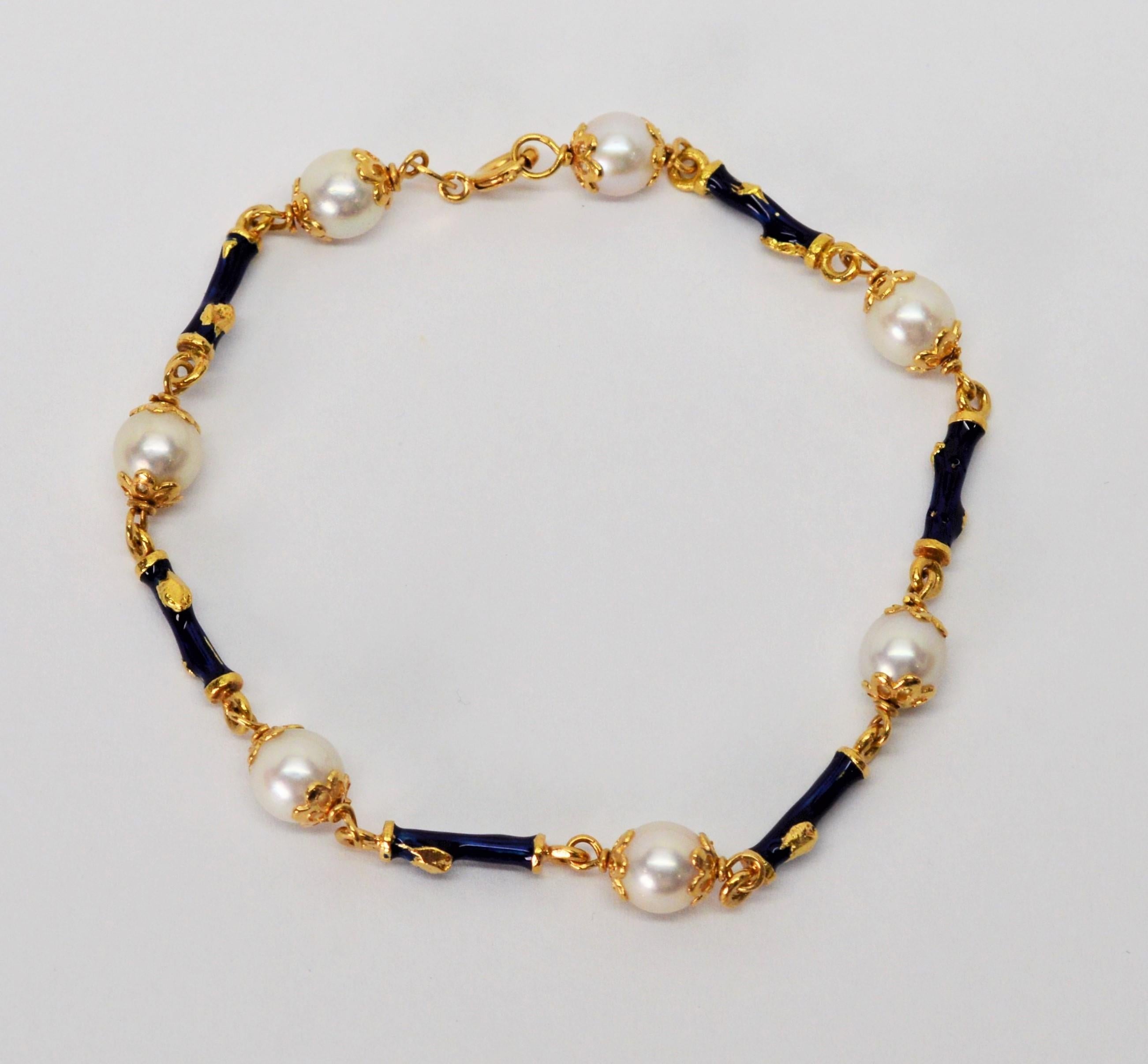 Akoya Pearl Blue Enamel Yellow Gold Link Bracelet 4