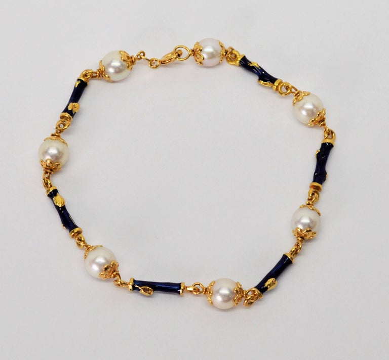 Akoya Pearl Blue Enamel Yellow Gold Link Bracelet at 1stDibs