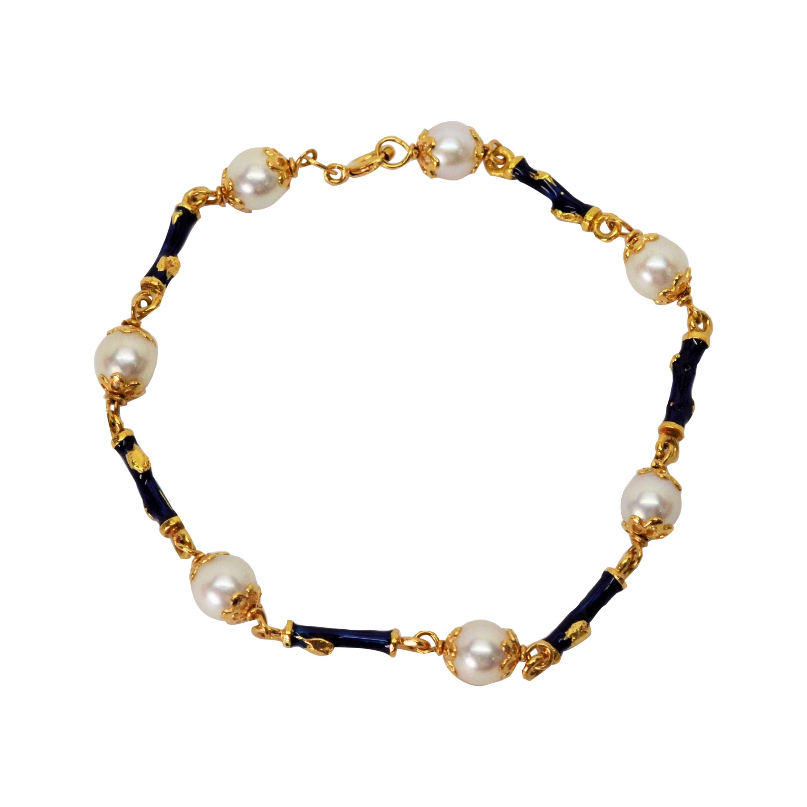 Akoya Pearl Blue Enamel Yellow Gold Link Bracelet