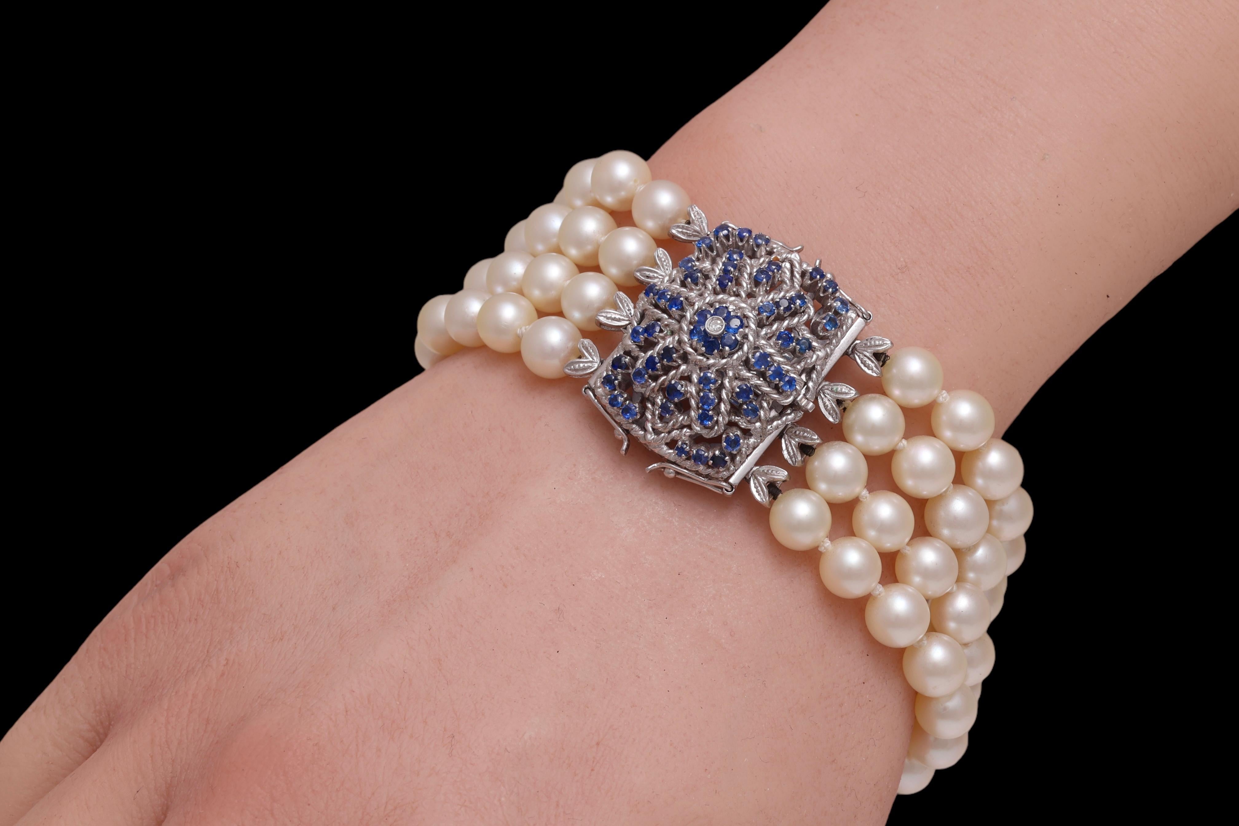 Artisan Akoya Pearl Bracelet with 18 kt. White Gold Locker with Sapphires & a Diamond For Sale