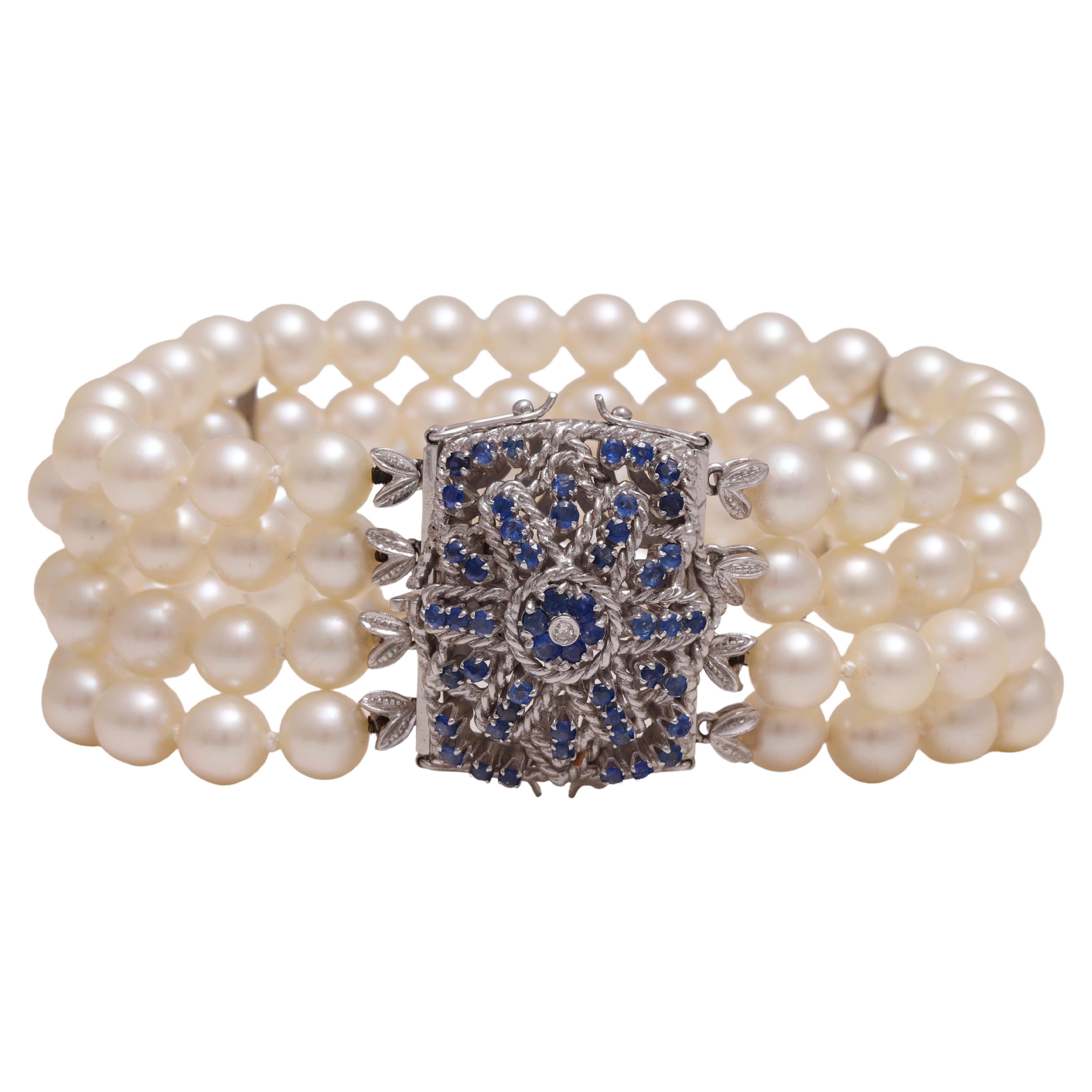 Akoya Pearl Bracelet with 18 kt. White Gold Locker with Sapphires & a Diamond For Sale