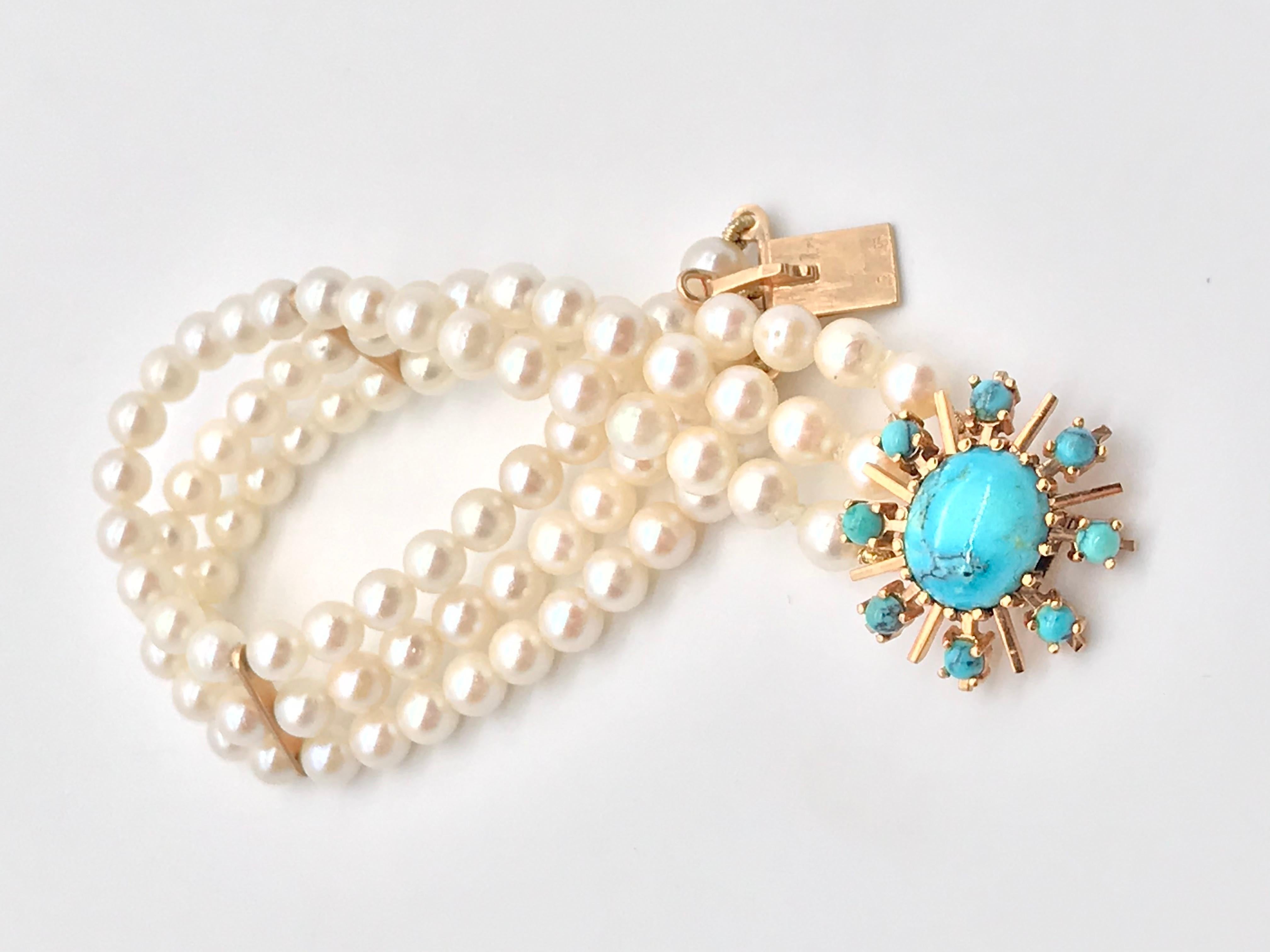 Rétro Bracelet Akoya en perles, turquoise et or jaune 18 carats en vente