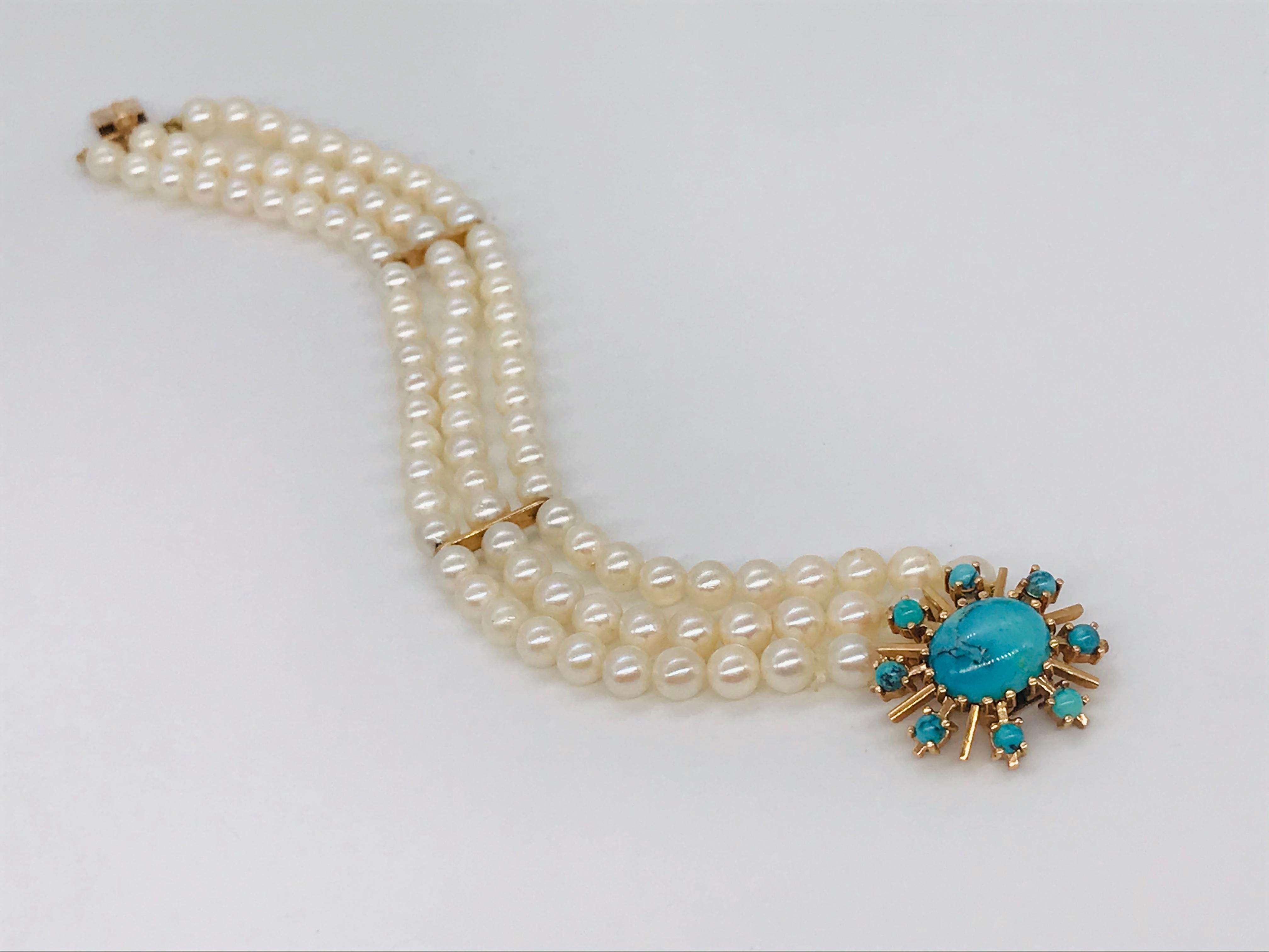 Akoya Pearl Bracelet with Turquoise and Yellow Gold 18 Karat In New Condition For Sale In Vannes, FR