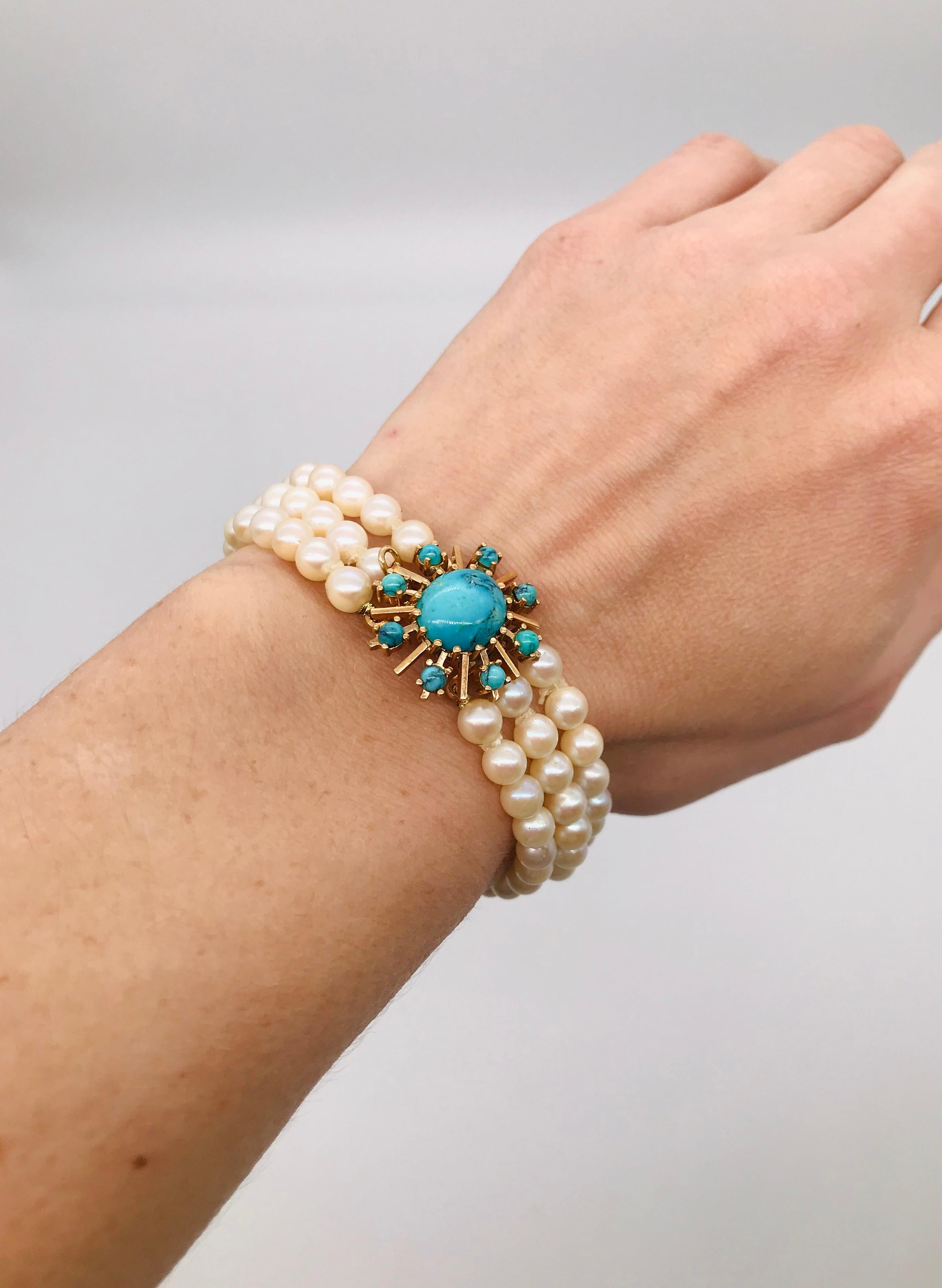 Akoya Pearl Bracelet with Turquoise and Yellow Gold 18 Karat For Sale 1
