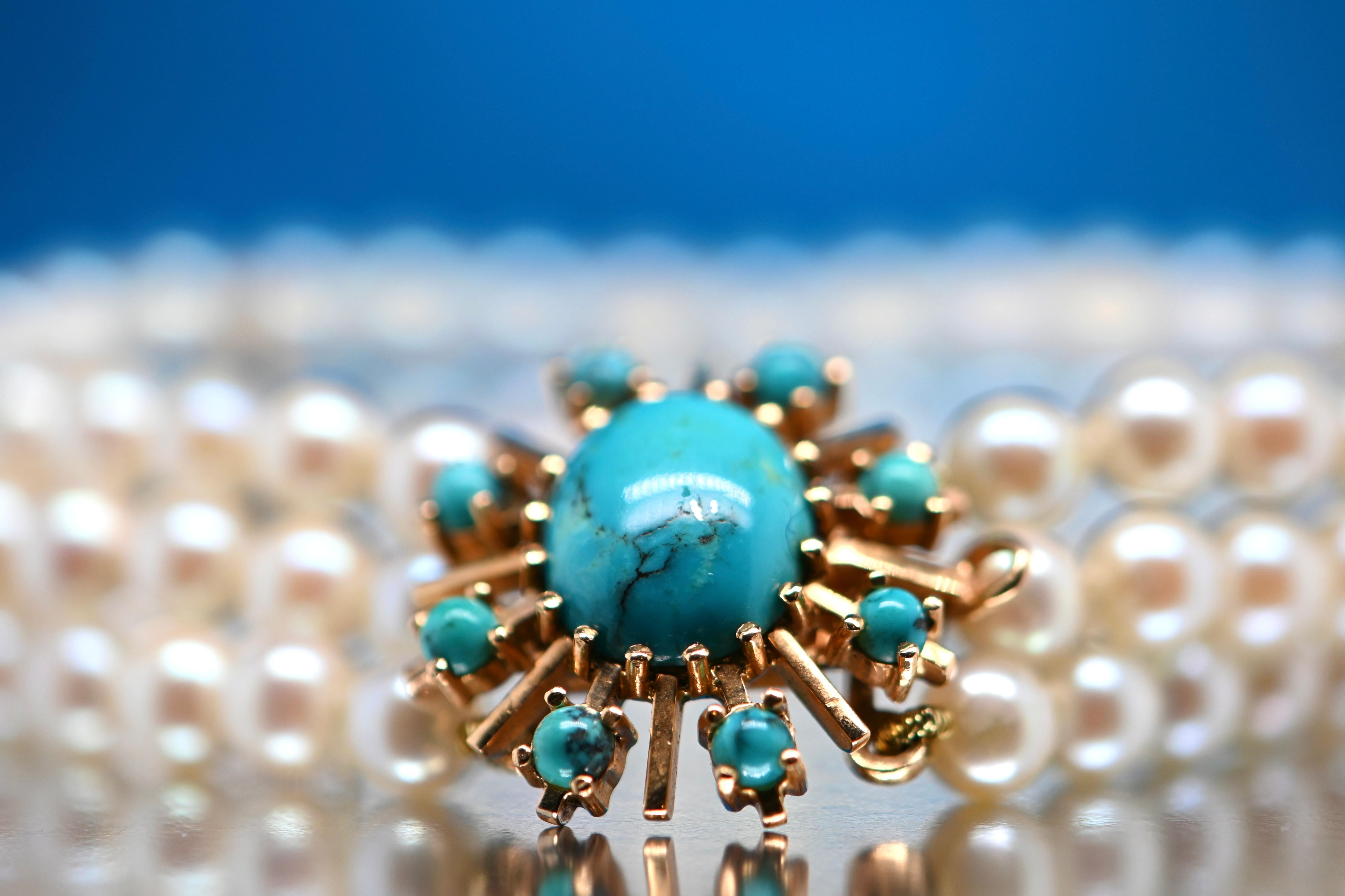 Bracelet Akoya en perles, turquoise et or jaune 18 carats en vente 2