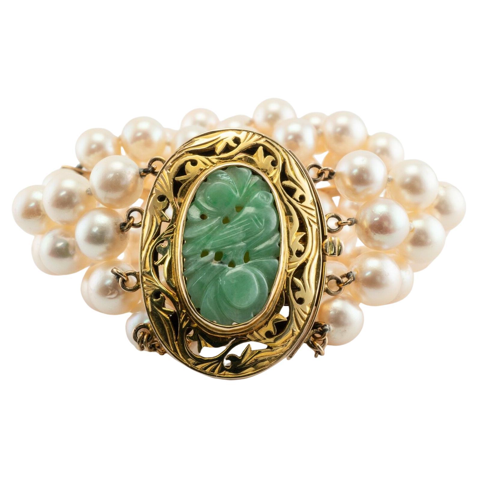 Akoya Pearl Carved Jade Bracelet 14K Gold Vintage