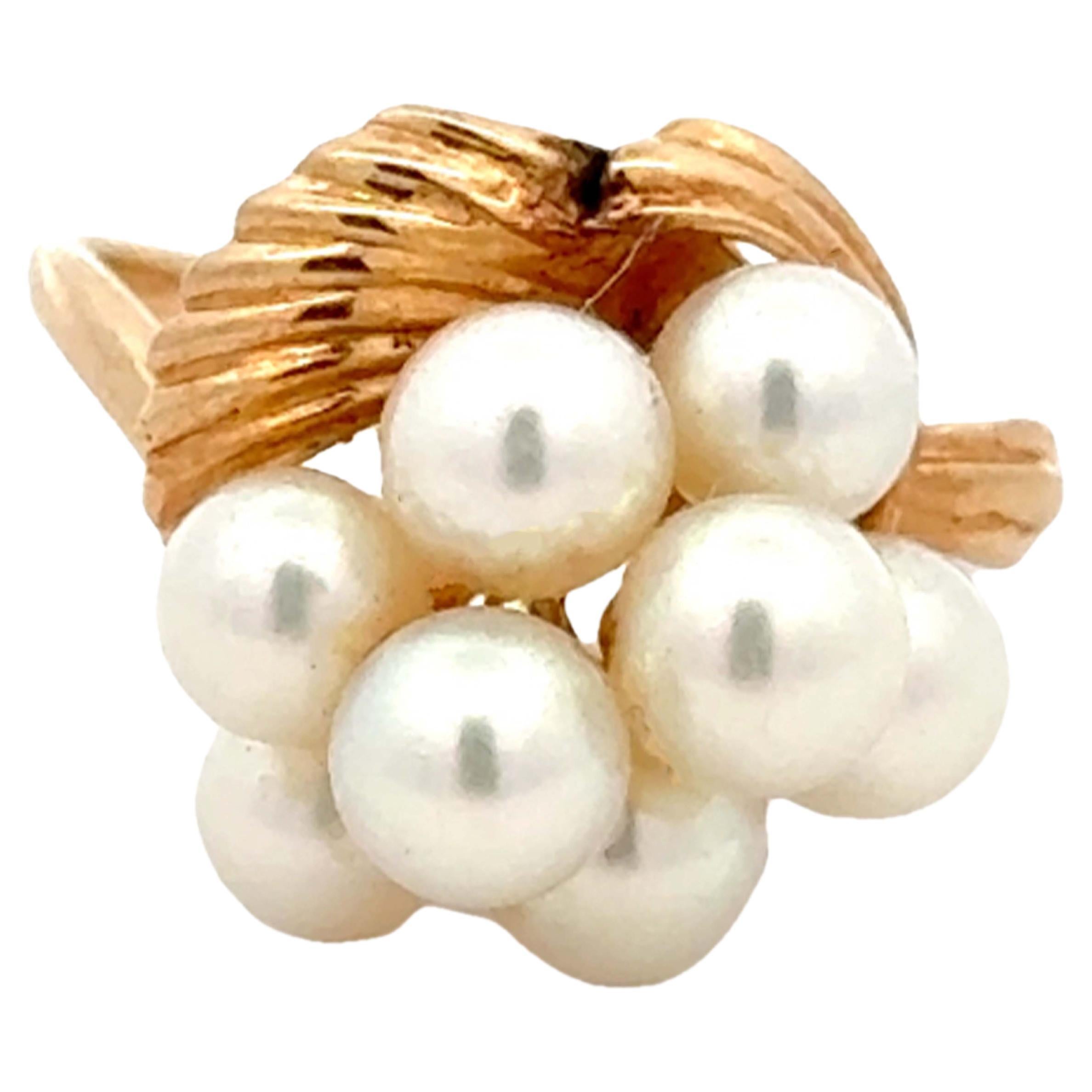 Anillo Hoja Racimo Perla Akoya Oro Amarillo 14k