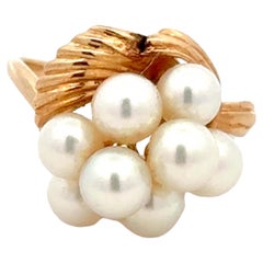 Vintage Akoya Pearl Cluster Leaf Ring 14k Yellow Gold