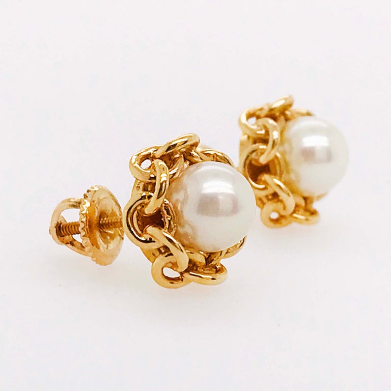 Akoya Pearl Custom Chain Link Earring Studs, Screw On Posts, 14 Karat